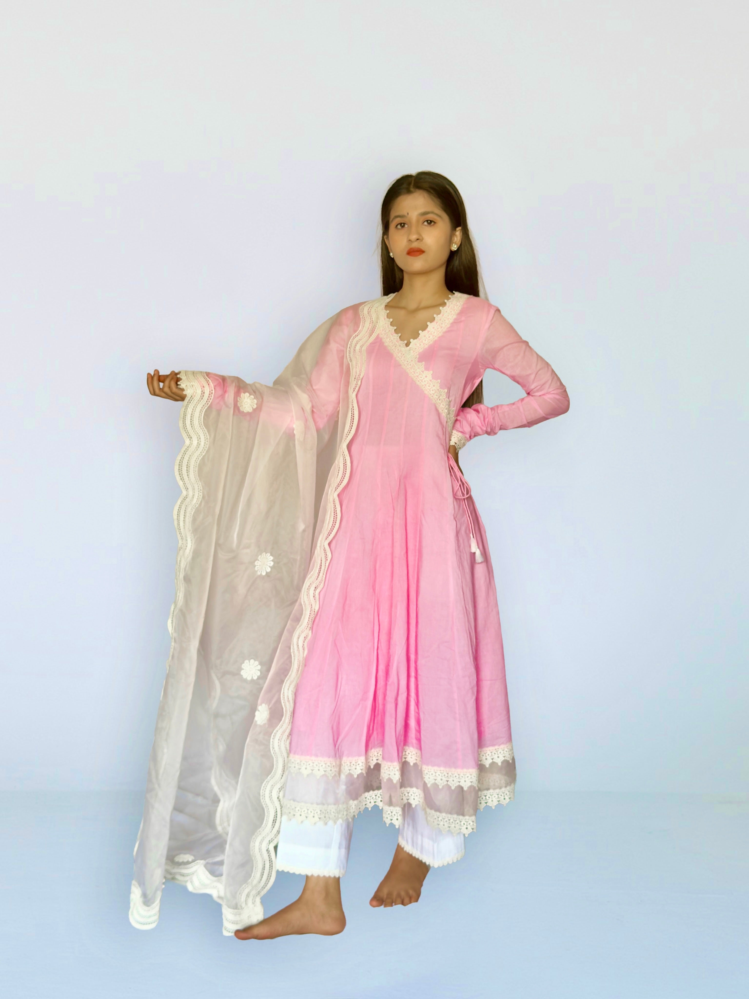 Pink cottan angrakha anarkali kurta set