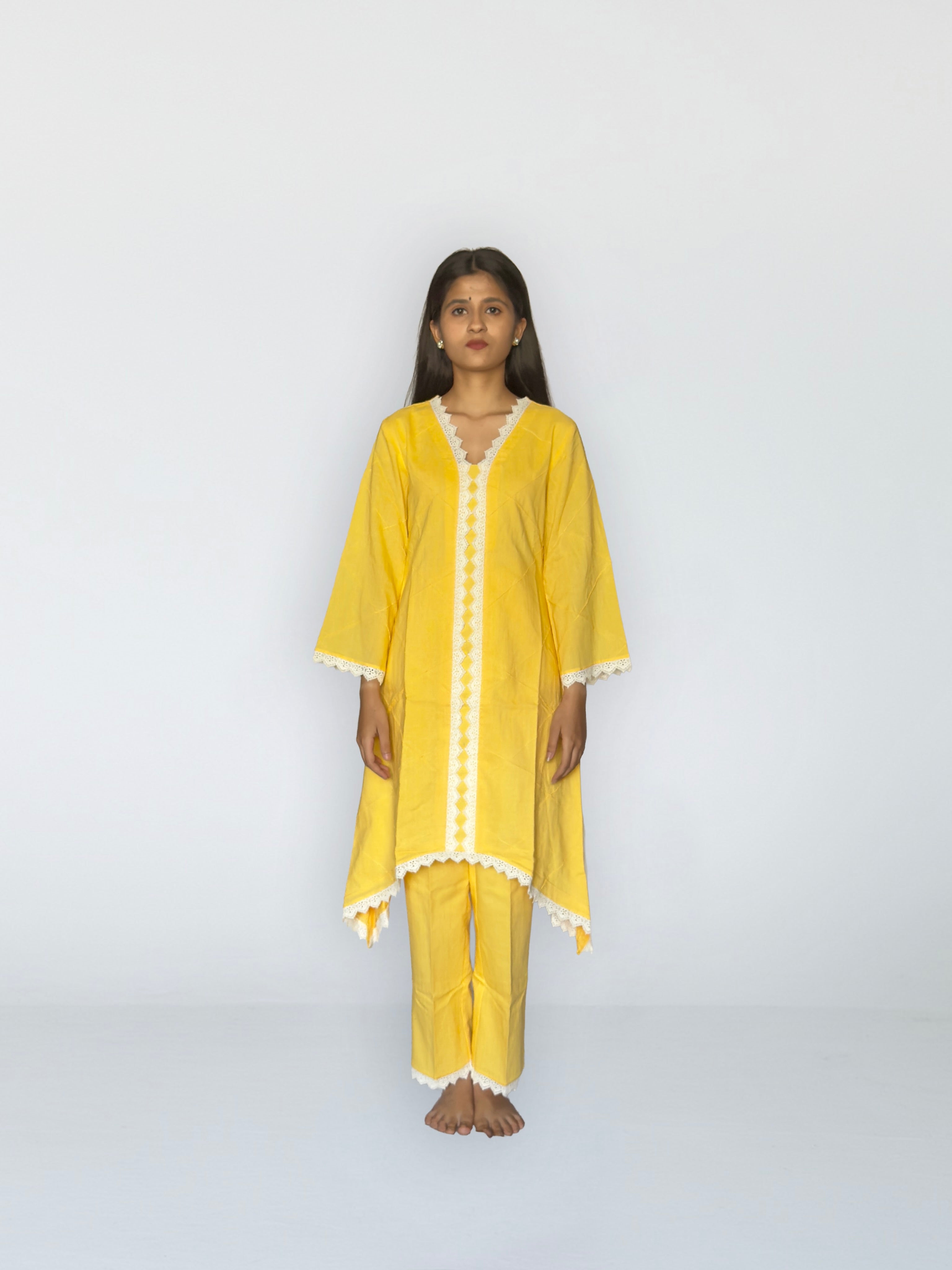 Sunshine Yellow Cottan Co-ord With Lace