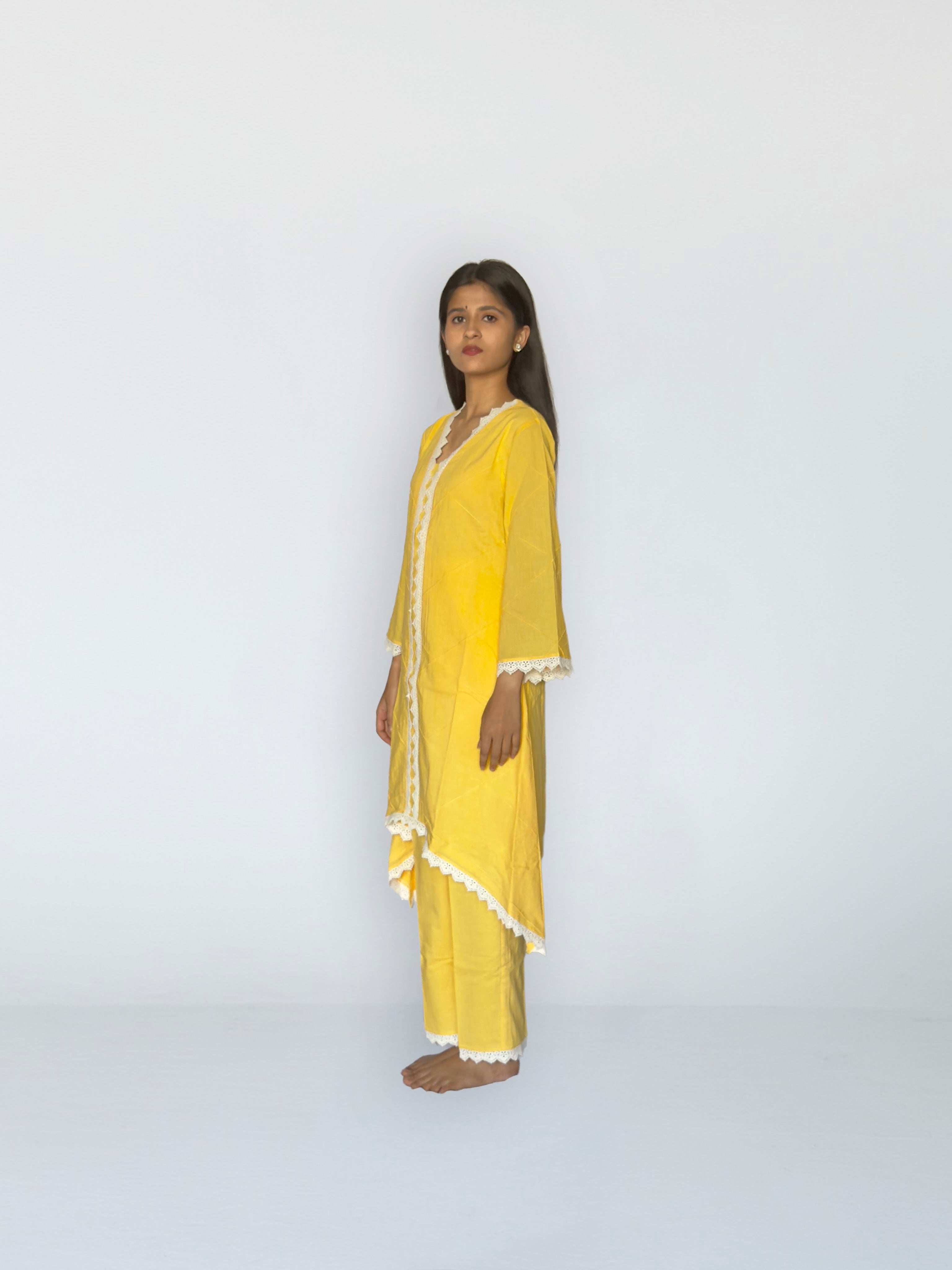 Sunshine Yellow Cottan Co-ord With Lace