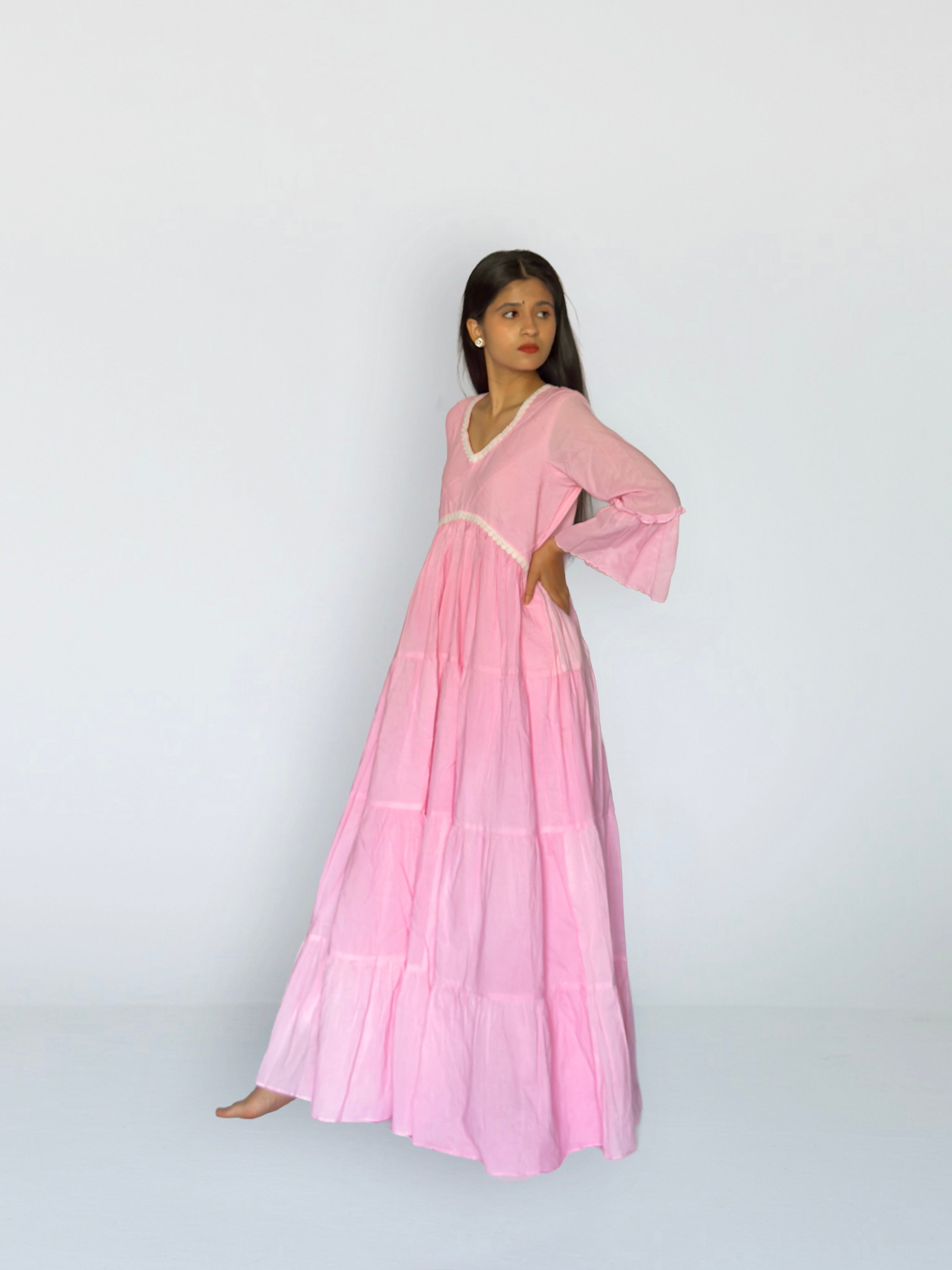 Pink Cottan Tiered Anarkali Set