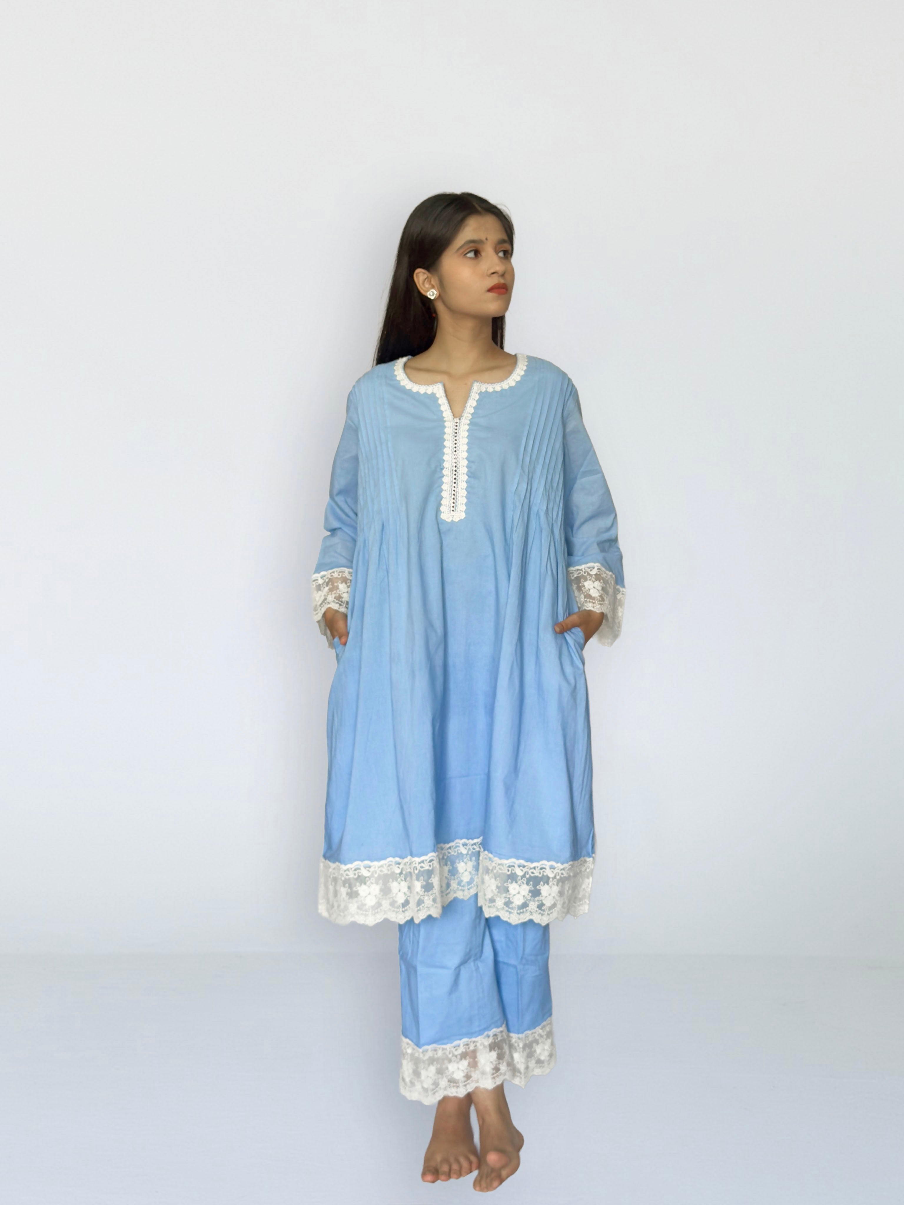 Powder Blue Cottan A-Line Short Kurta Set