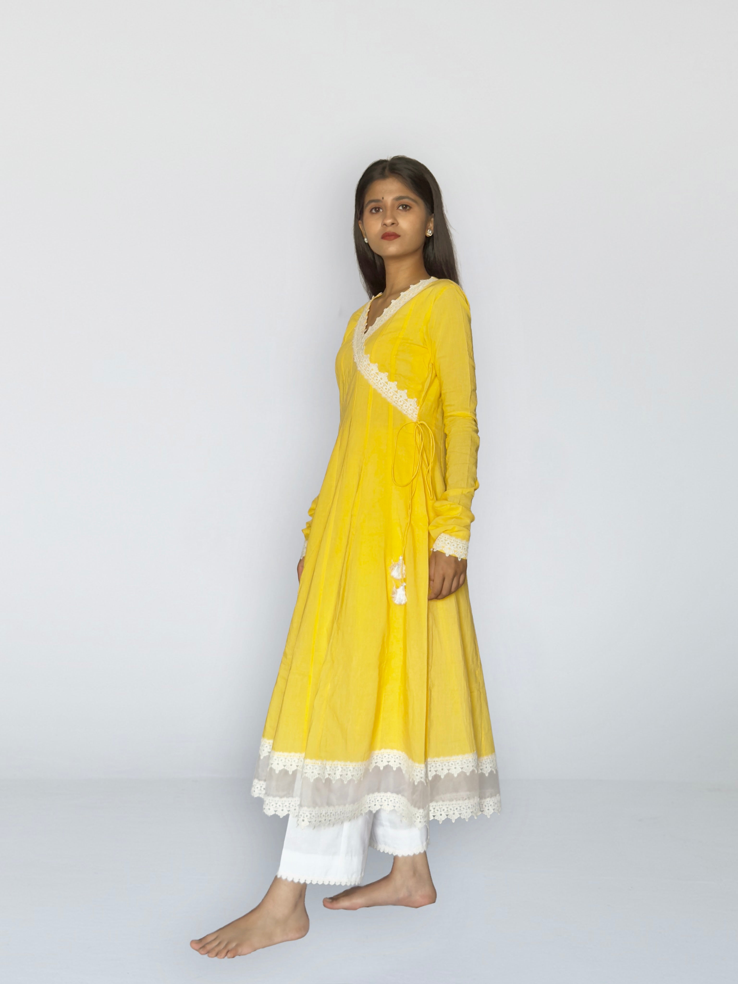 Sunshine Yellow Cottan Angrakha Anarkali Kurta Set