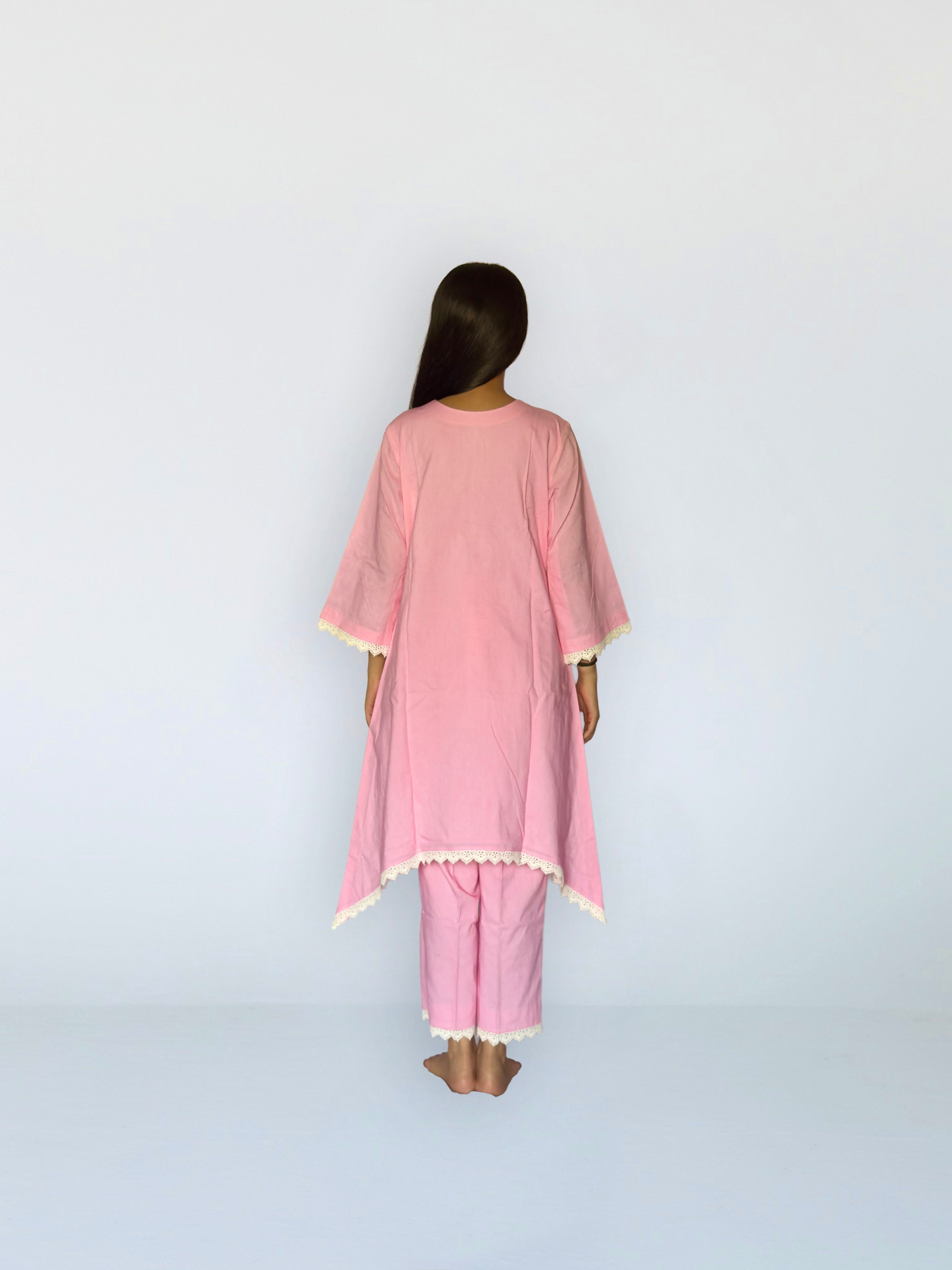 Pink Cottan Co-ord With Lace
