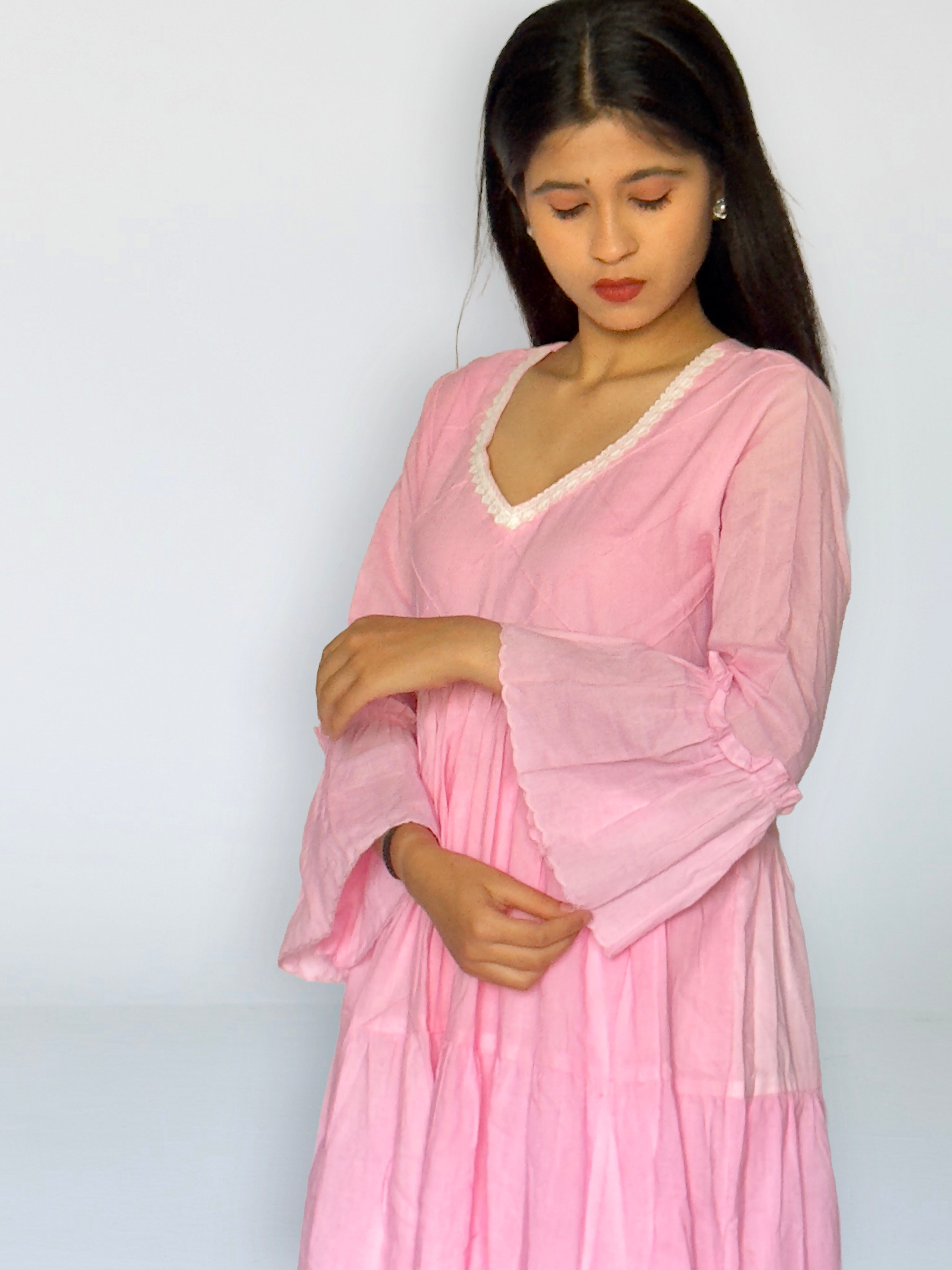 Pink Cottan Tiered Anarkali Set