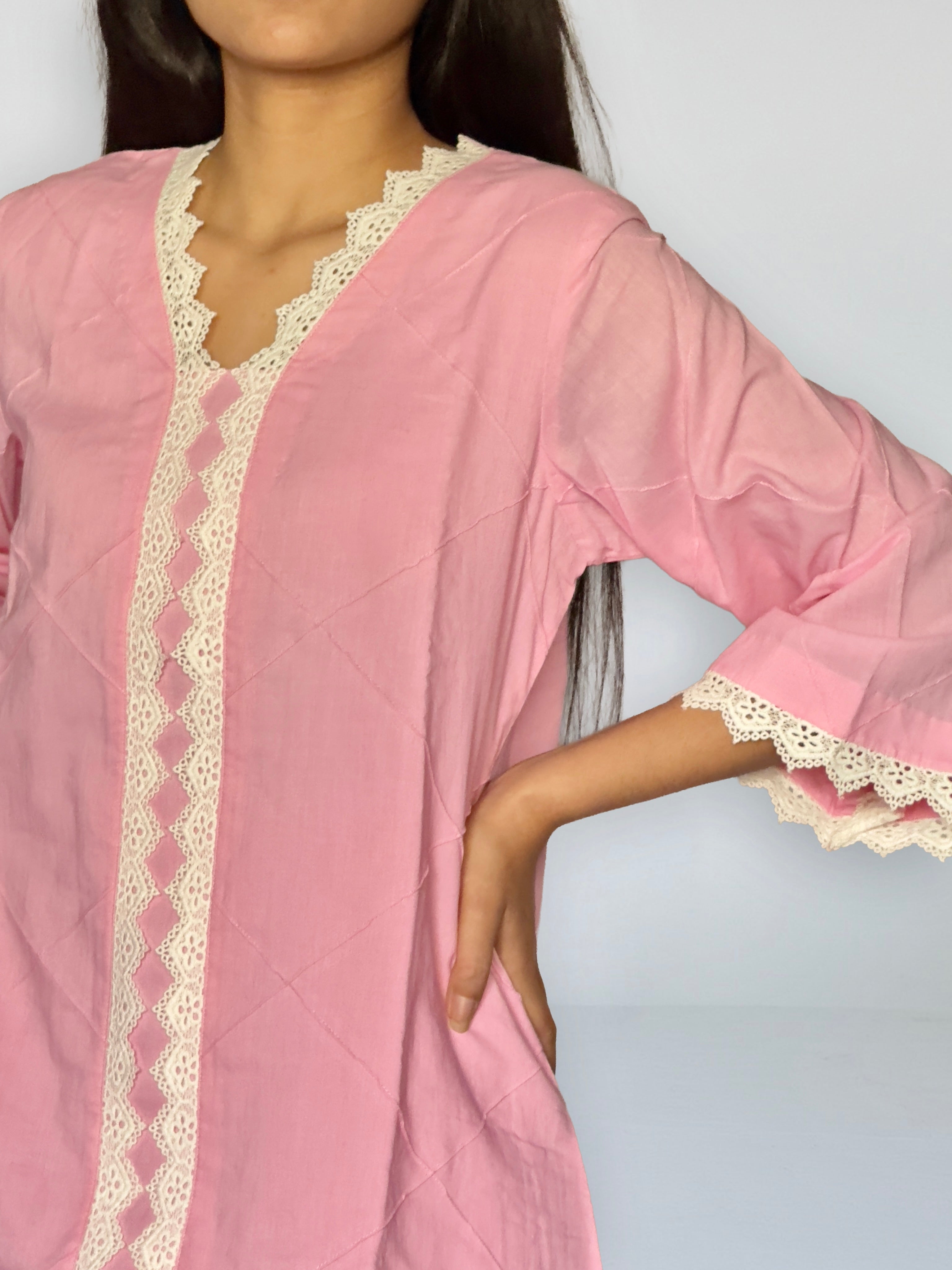 Pink Cottan Co-ord With Lace
