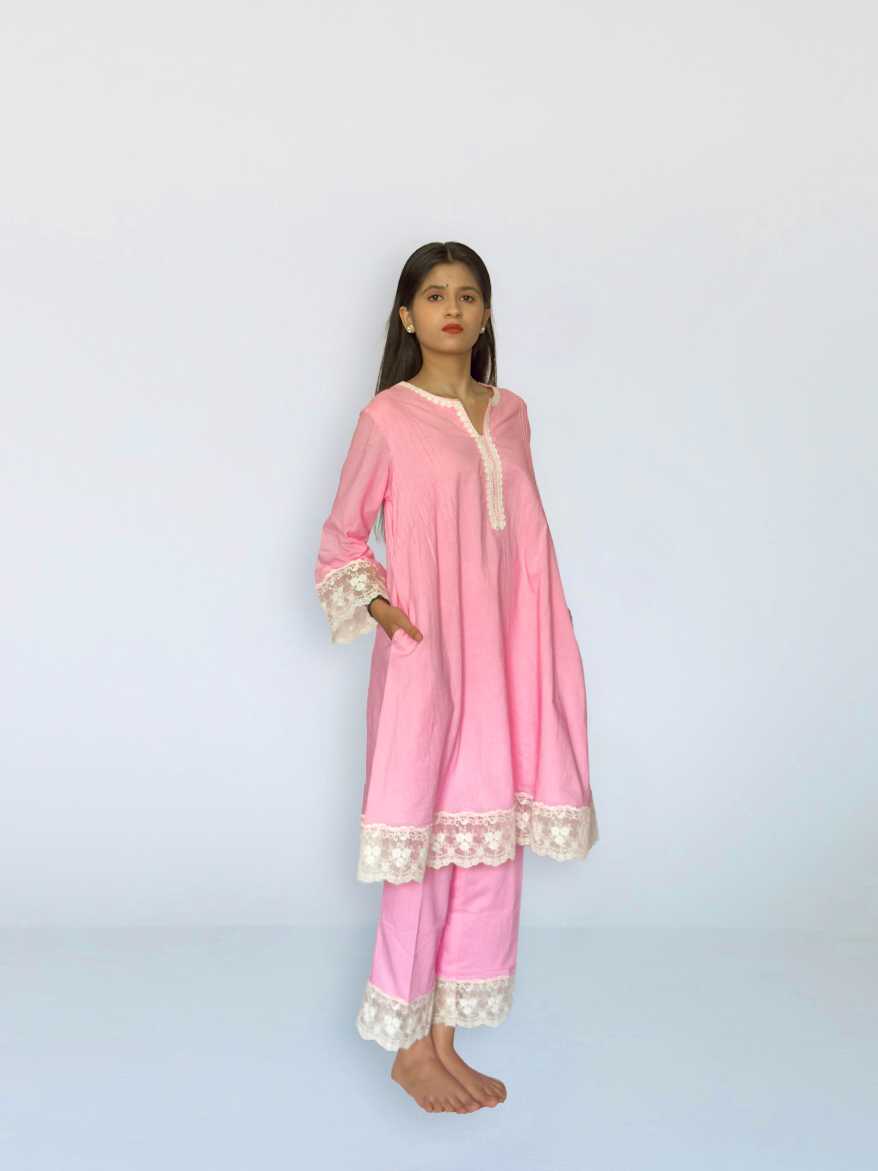 Pink Cottan A-Line Short Kurta Set