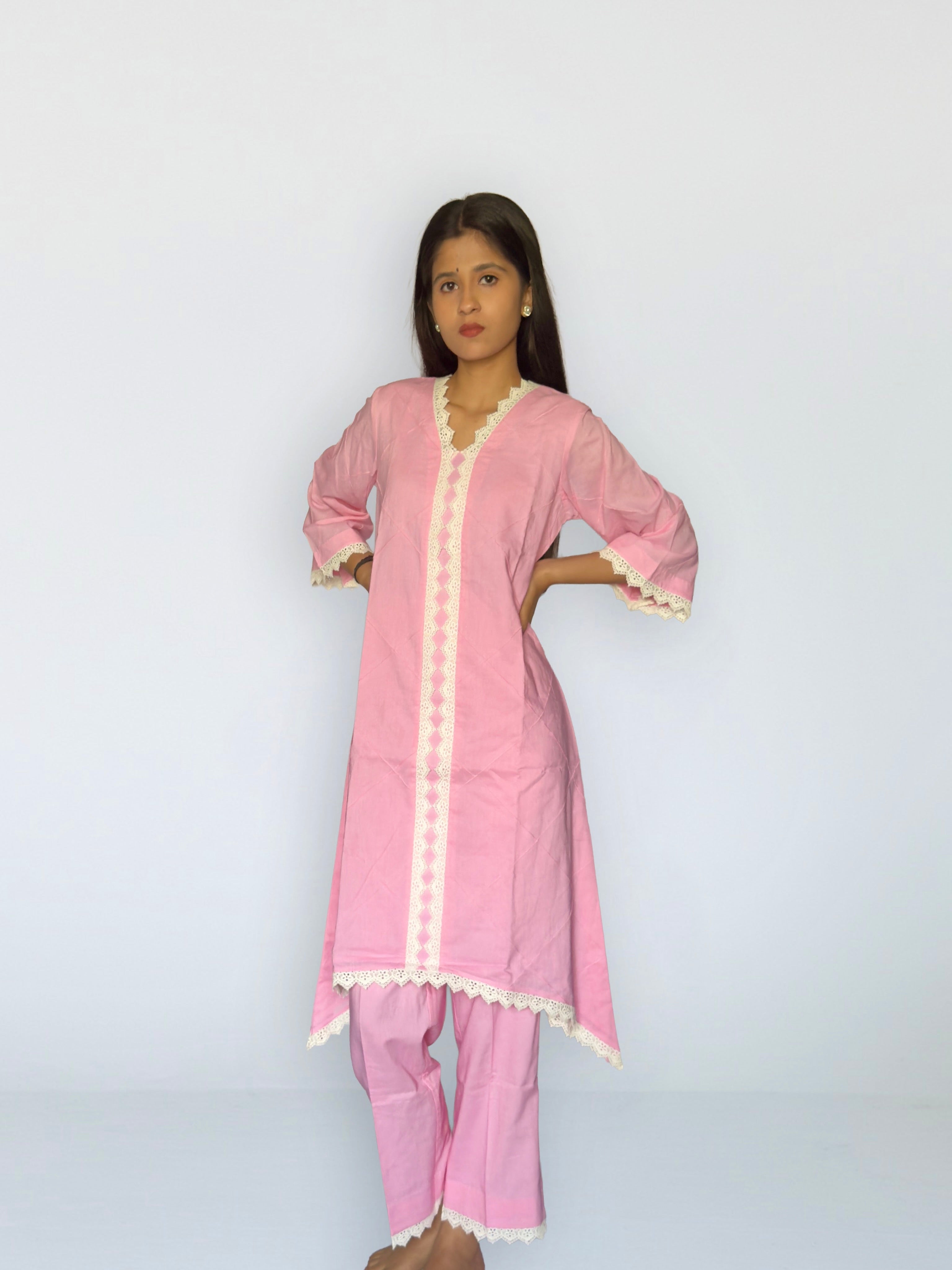 Pink Cottan Co-ord With Lace