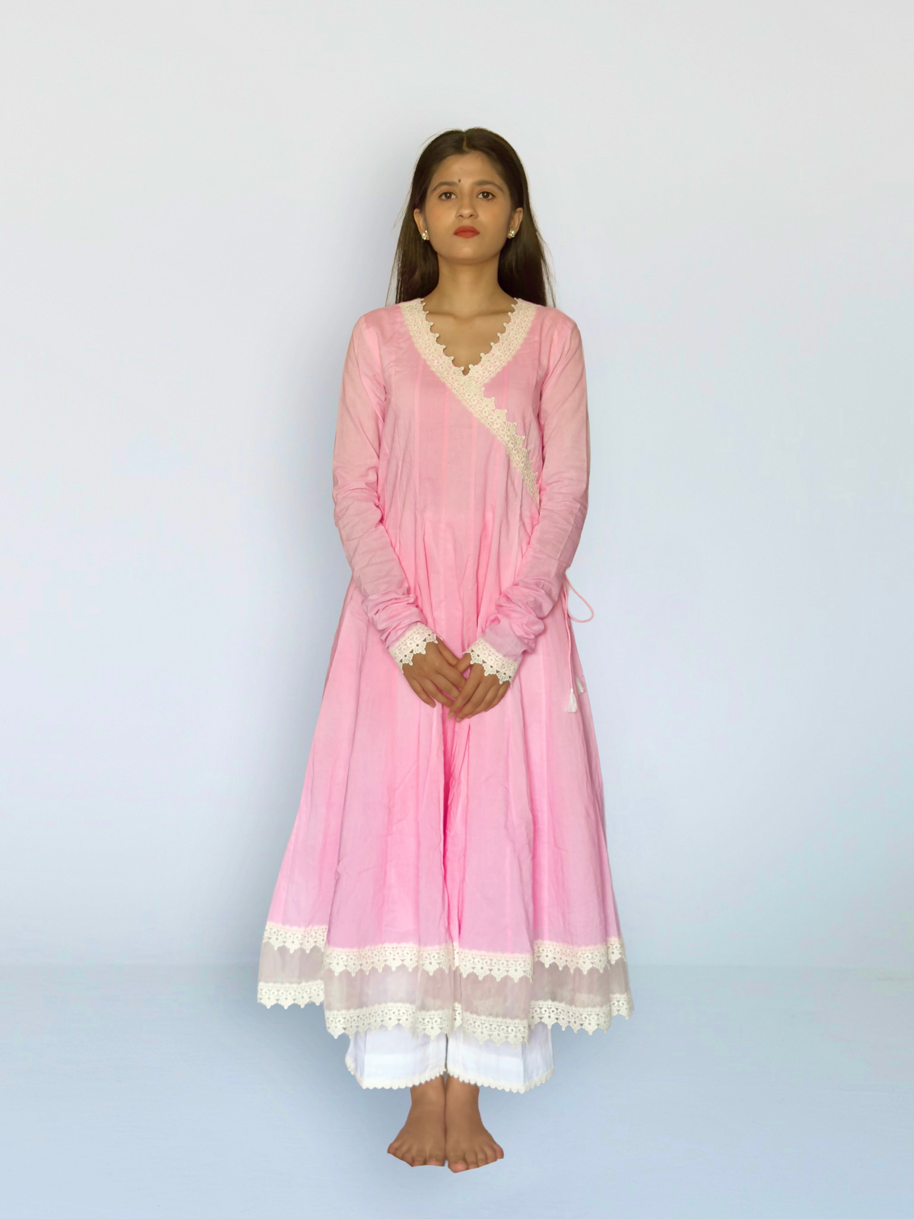 Pink cottan angrakha anarkali kurta set