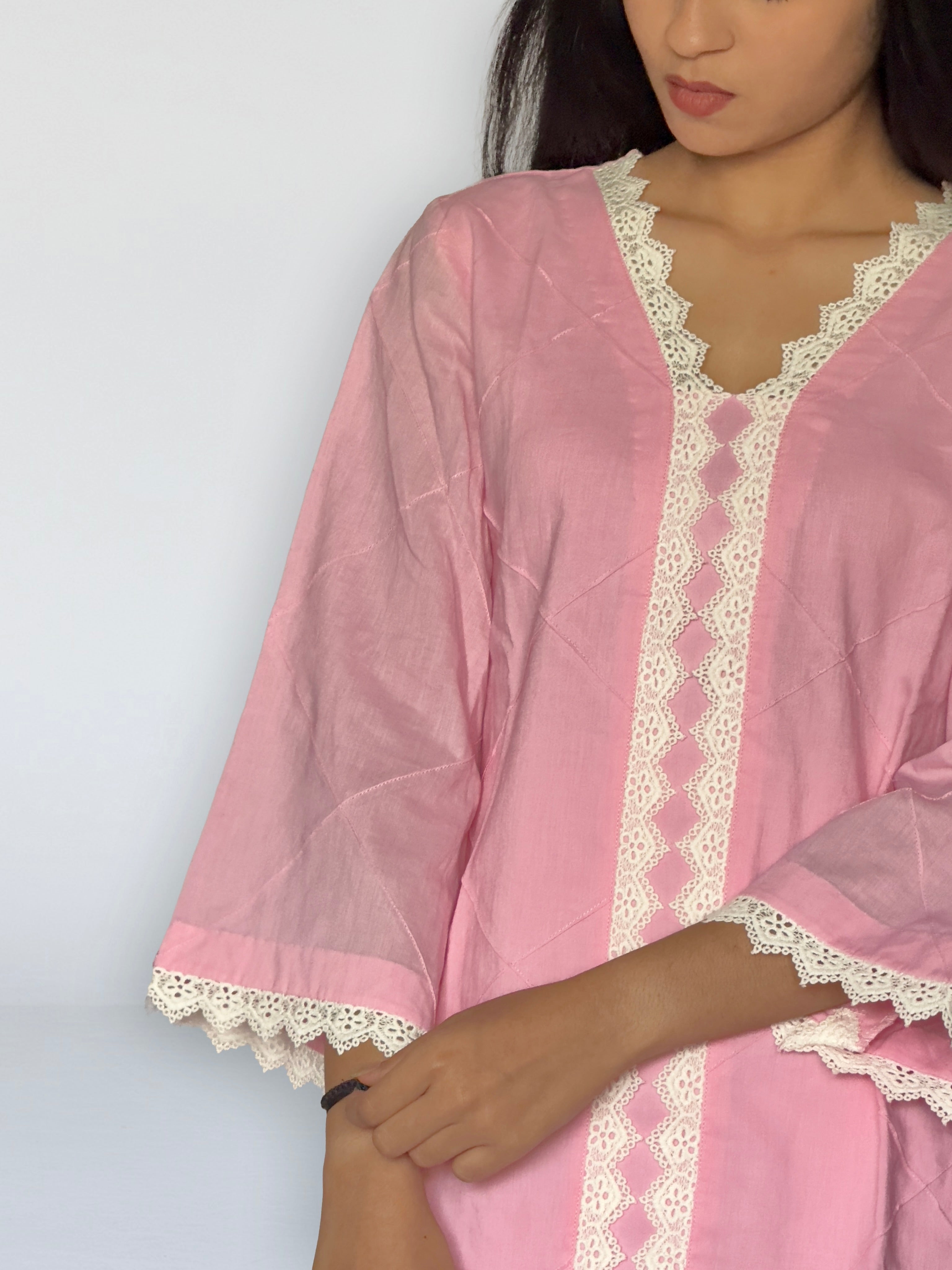 Pink Cottan Co-ord With Lace