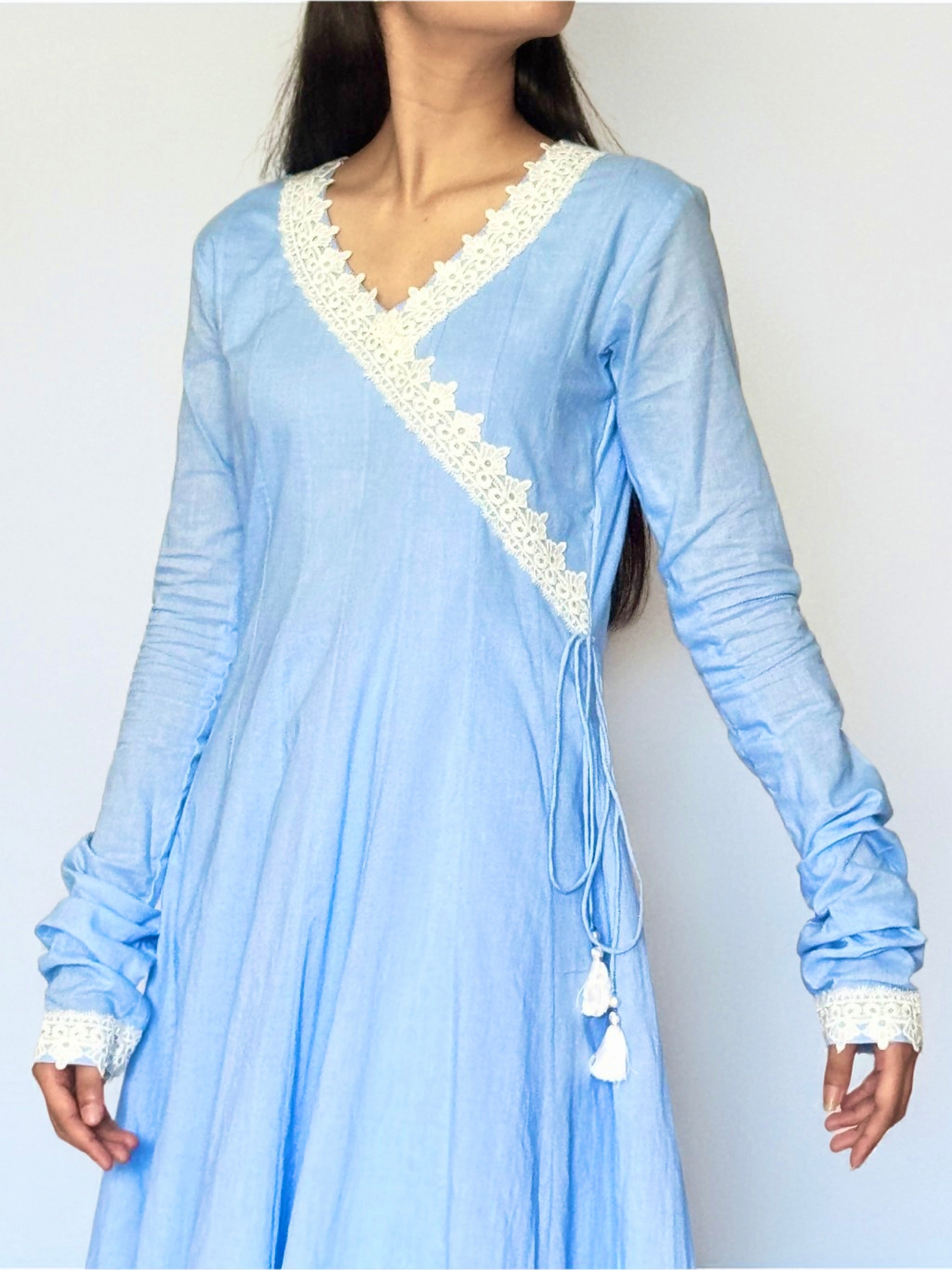 Powder Blue Cottan Angrakha Anarkali Kurta Set