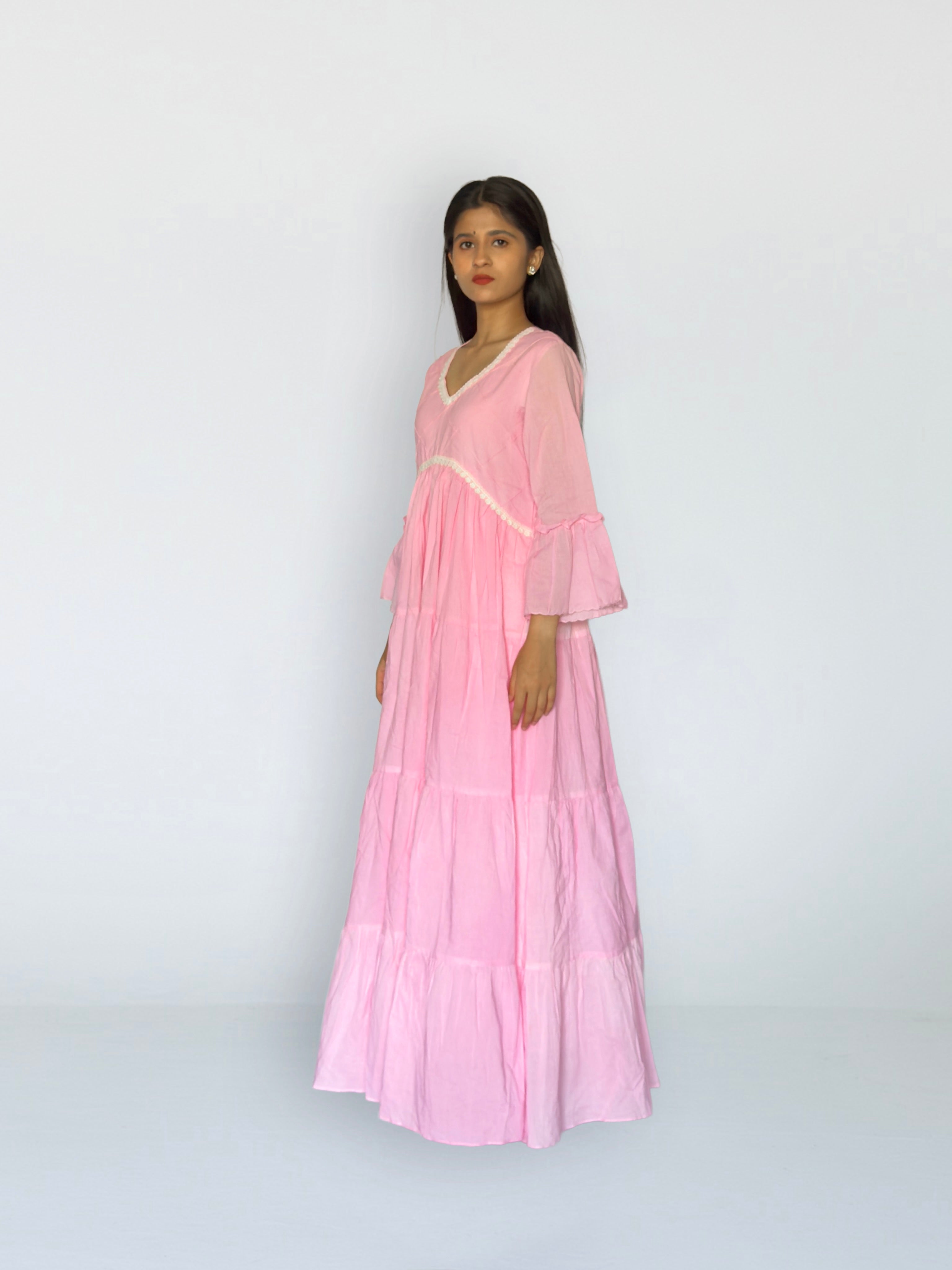 Pink Cottan Tiered Anarkali Set