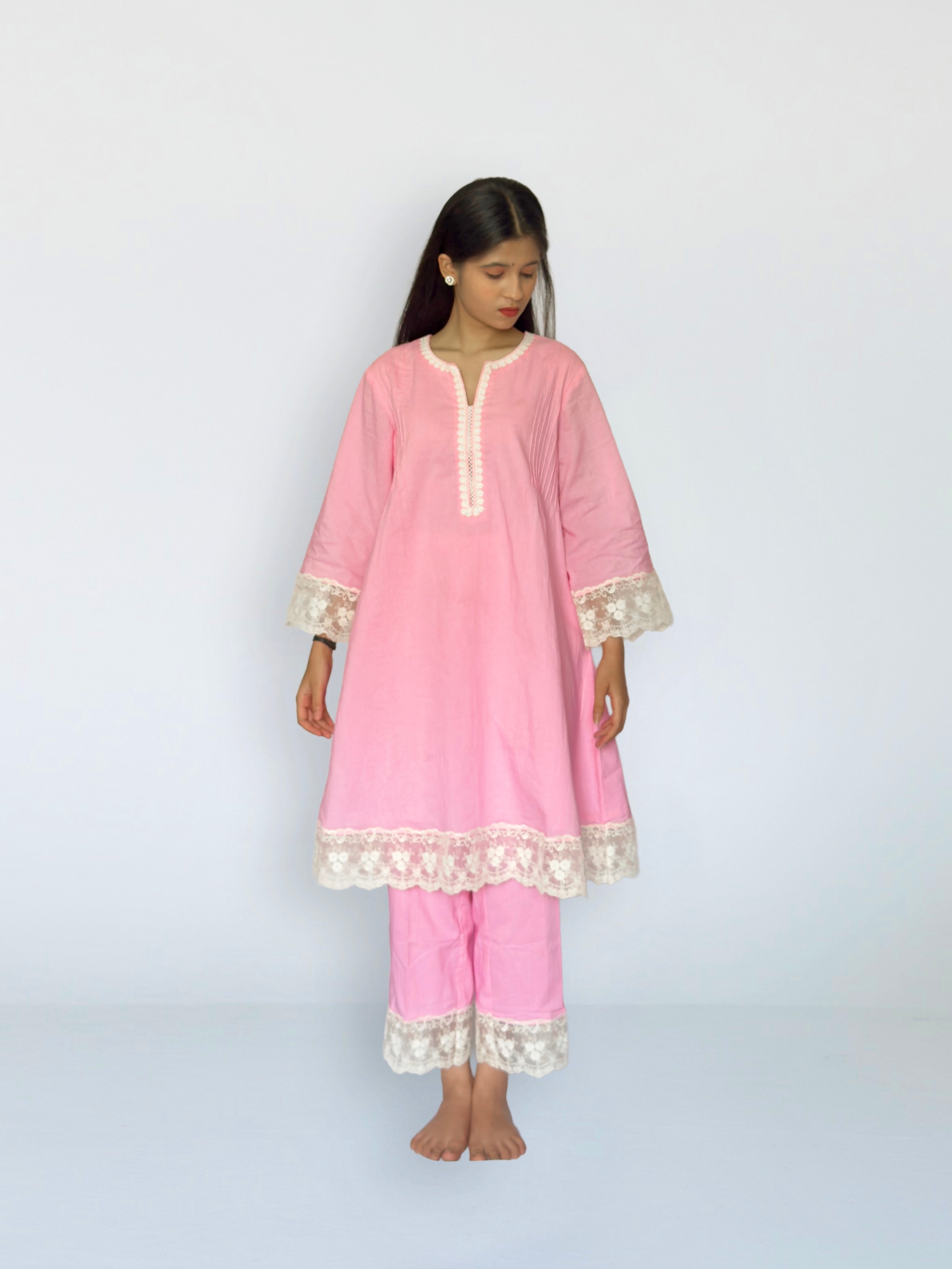Pink Cottan A-Line Short Kurta Set