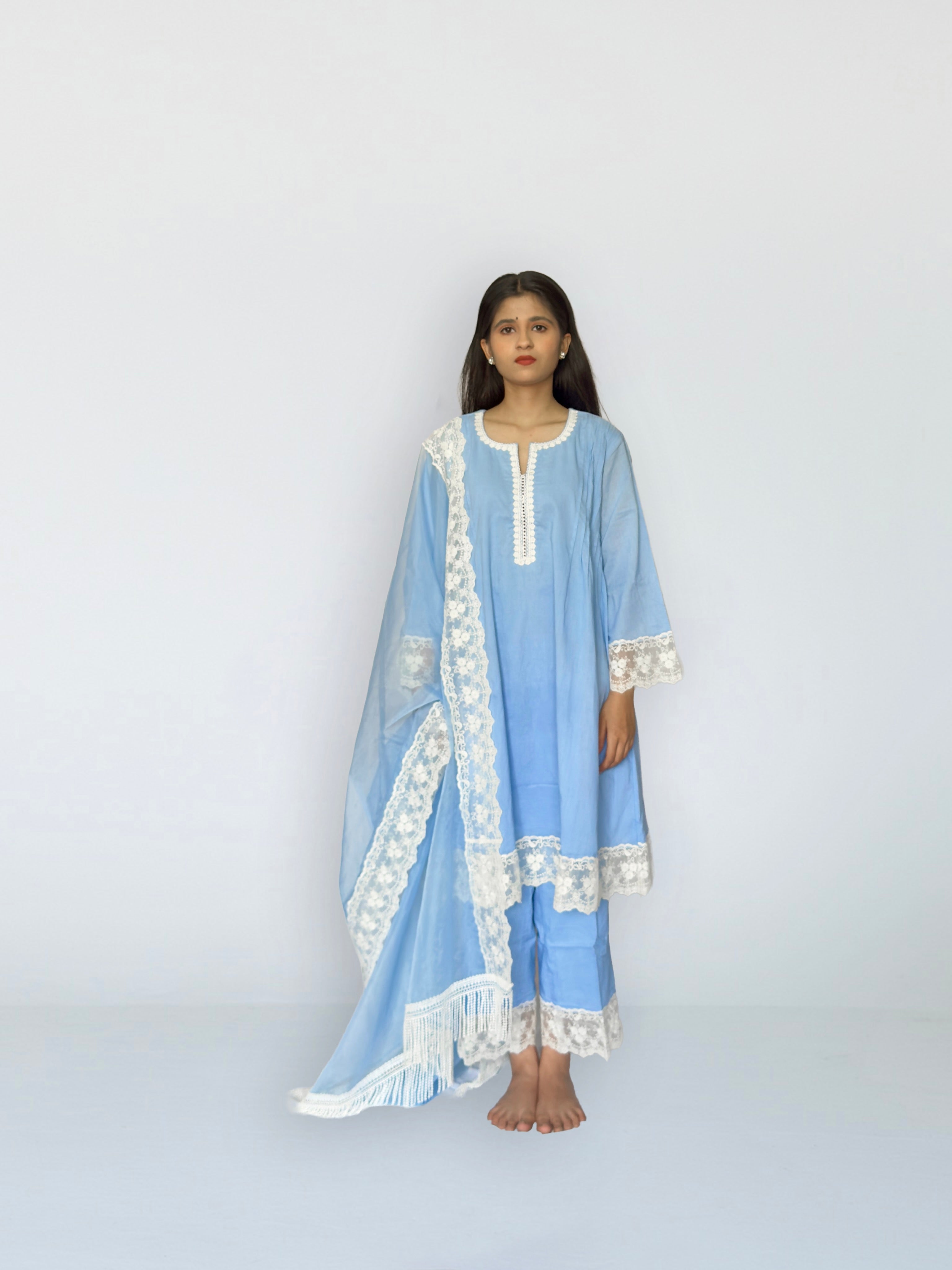 Powder Blue Cottan A-Line Short Kurta Set