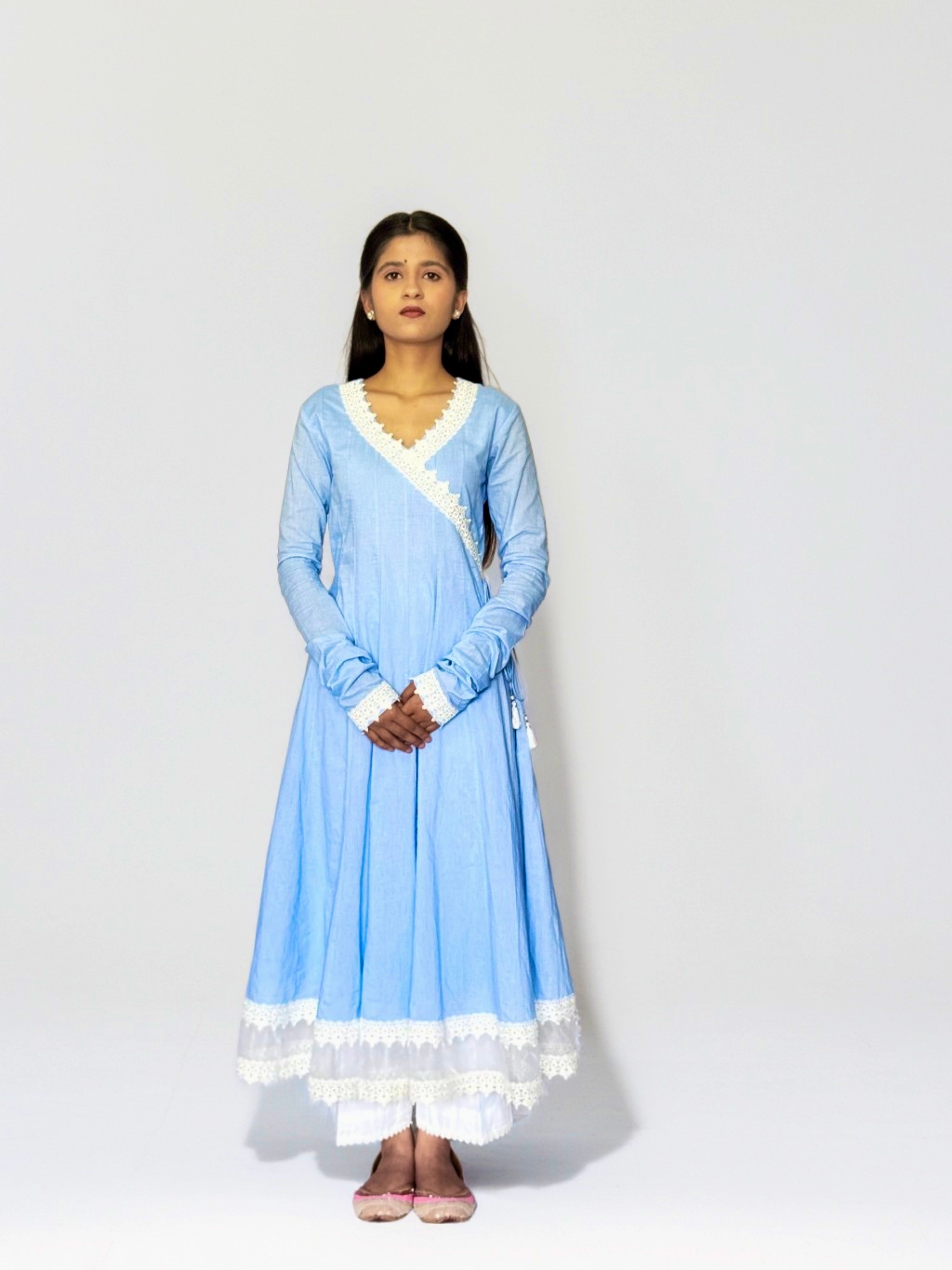 Powder Blue Cottan Angrakha Anarkali Kurta Set