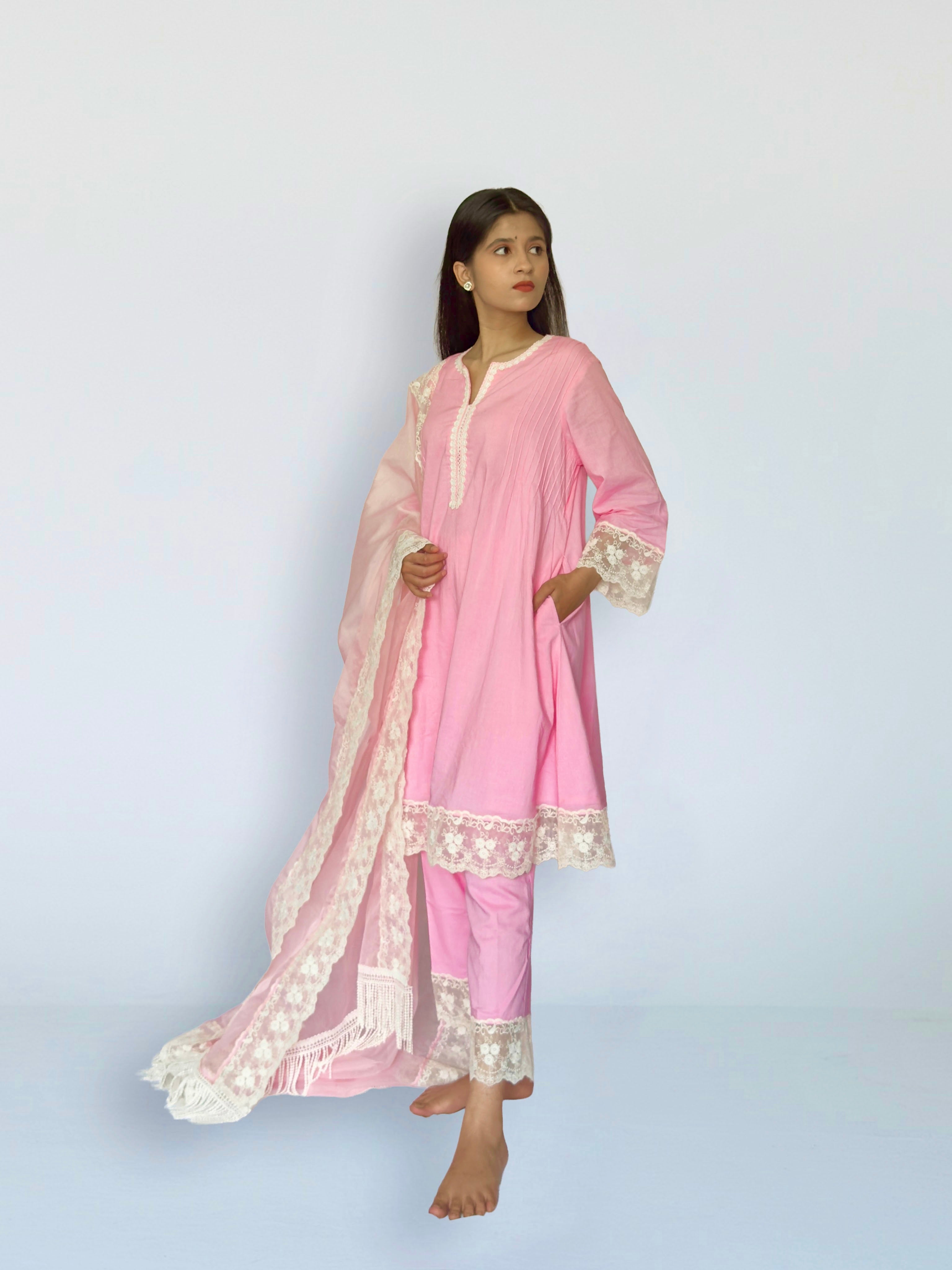 Pink Cottan A-Line Short Kurta Set