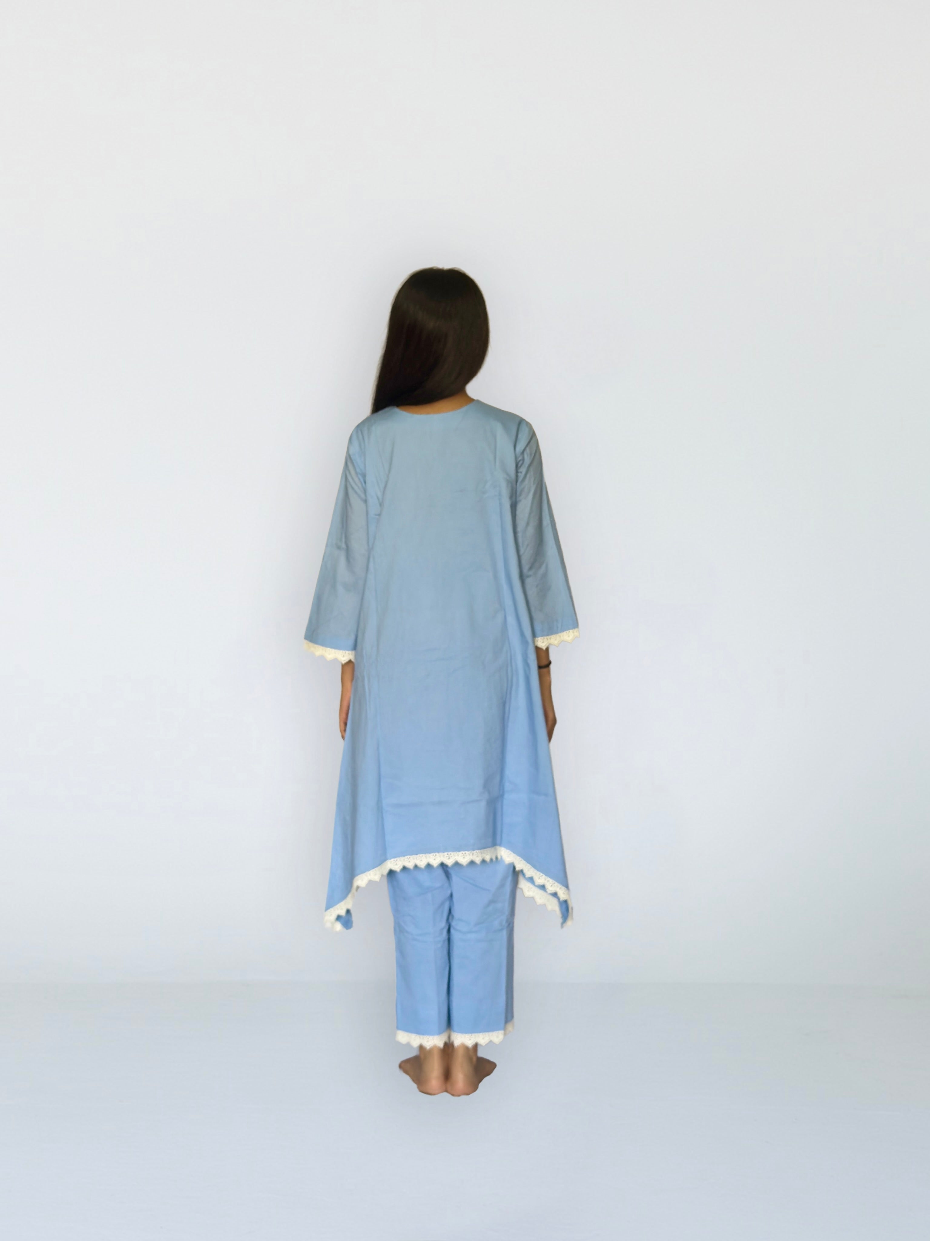 Powder Blue Cottan Co-ord With Lace