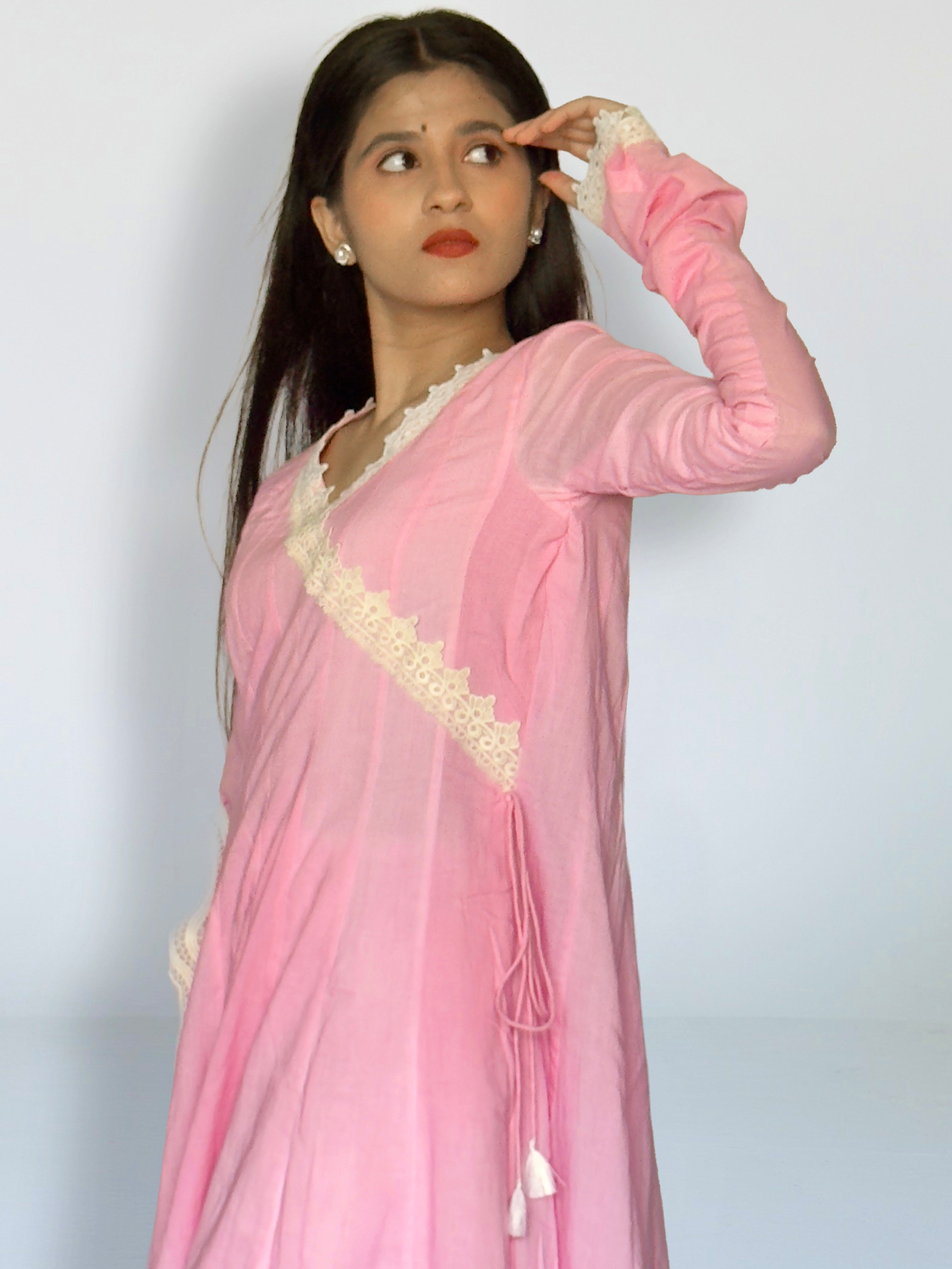 Pink cottan angrakha anarkali kurta set