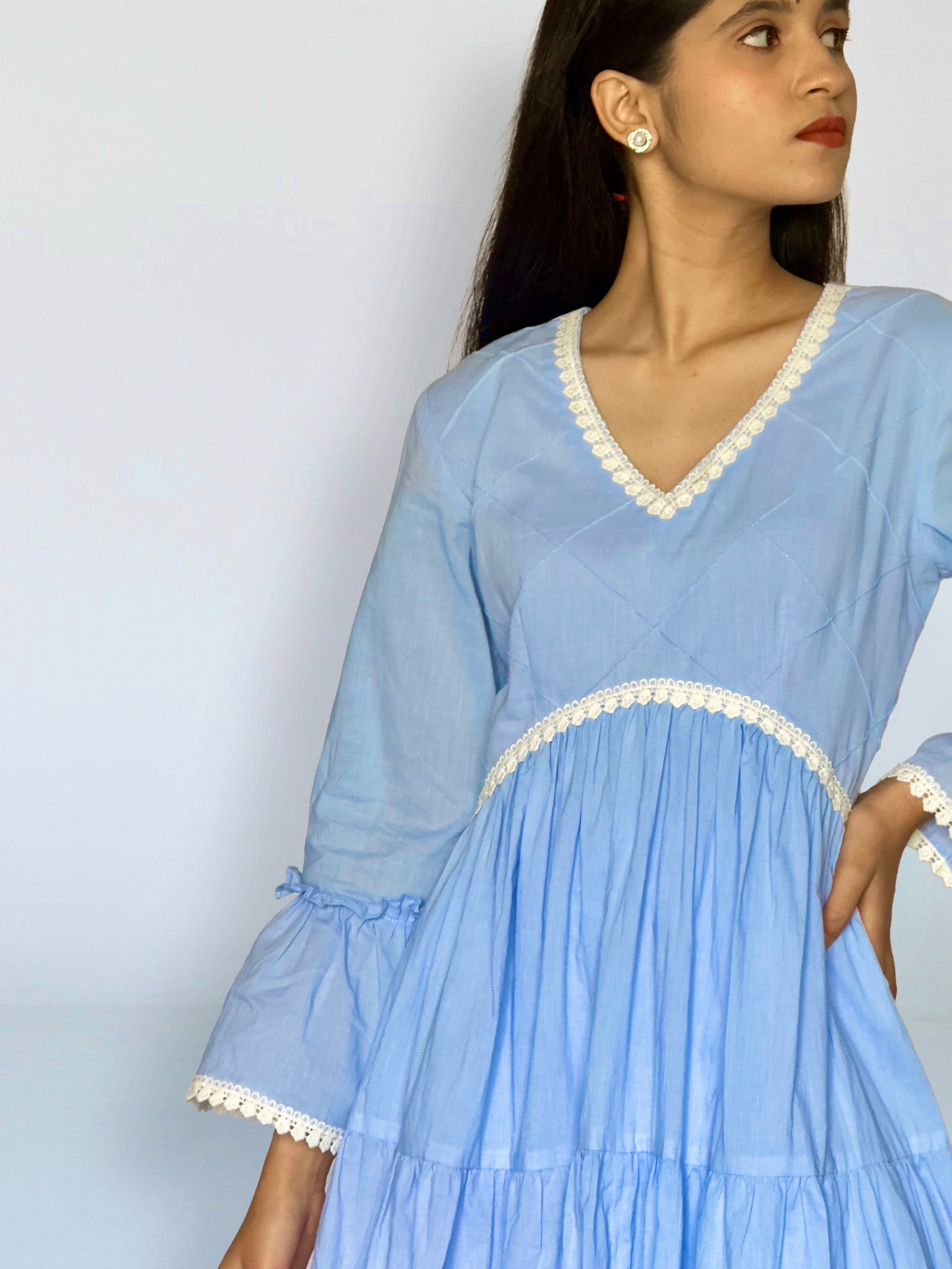 Powder Blue Cottan Tiered Anarkali Set
