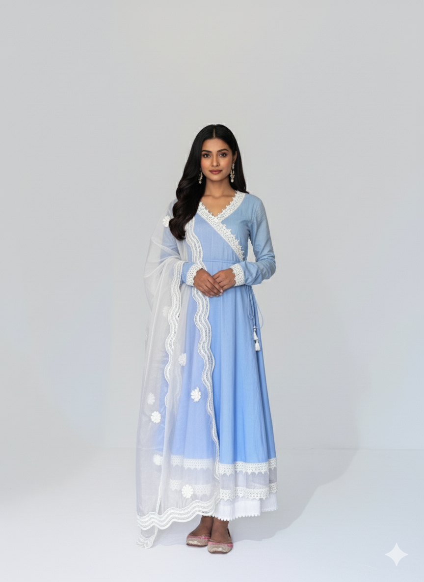 Powder Blue Cottan Angrakha Anarkali Kurta Set