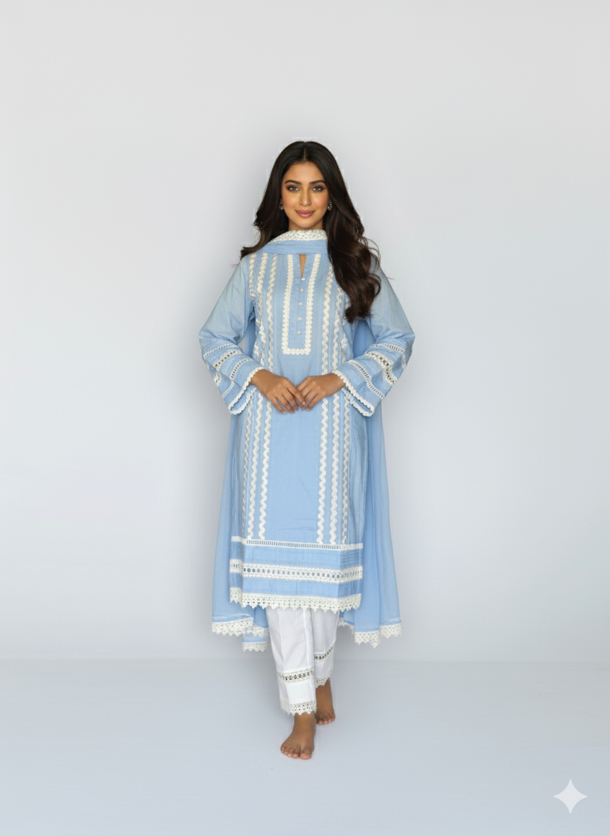 Powder Blue Cottan Straight Kurta Set