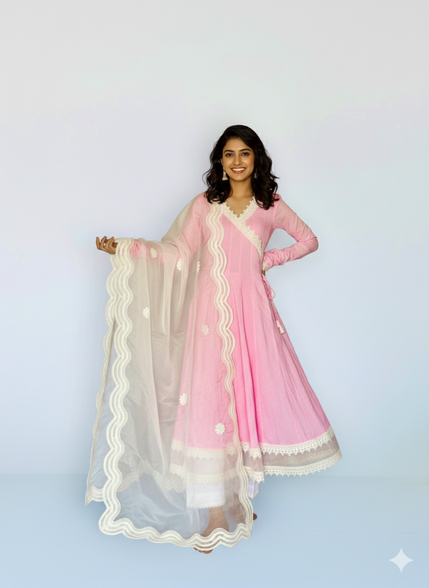 Pink cottan angrakha anarkali kurta set