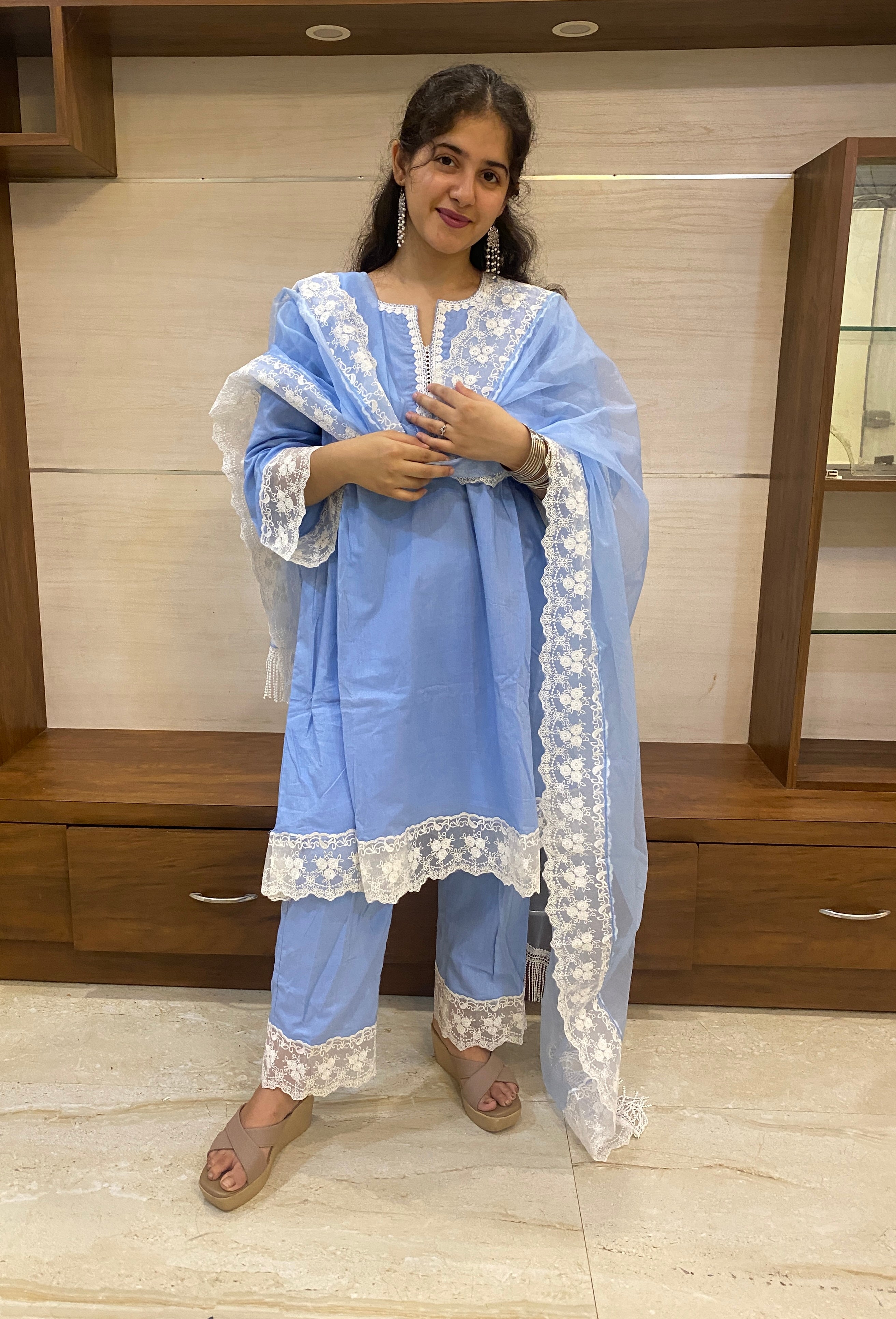 Powder Blue Cottan A-Line Short Kurta Set