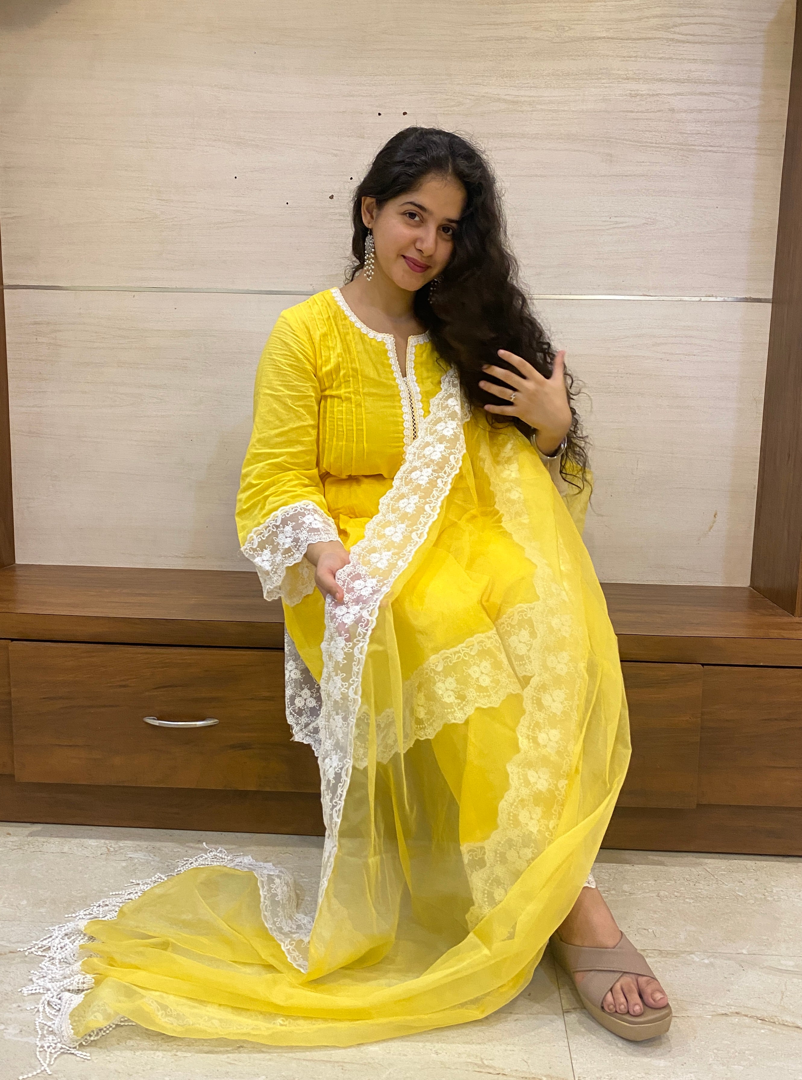 Sunshine Yellow Cottan A-Line Short Kurta Set