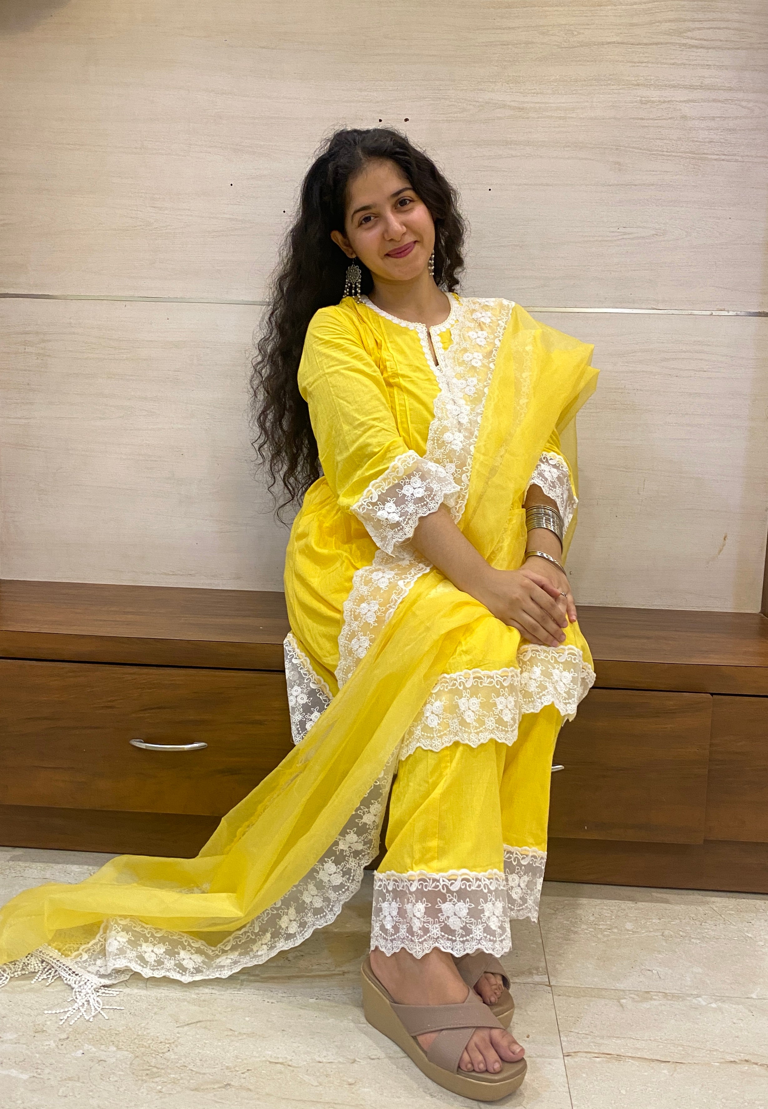 Sunshine Yellow Cottan A-Line Short Kurta Set