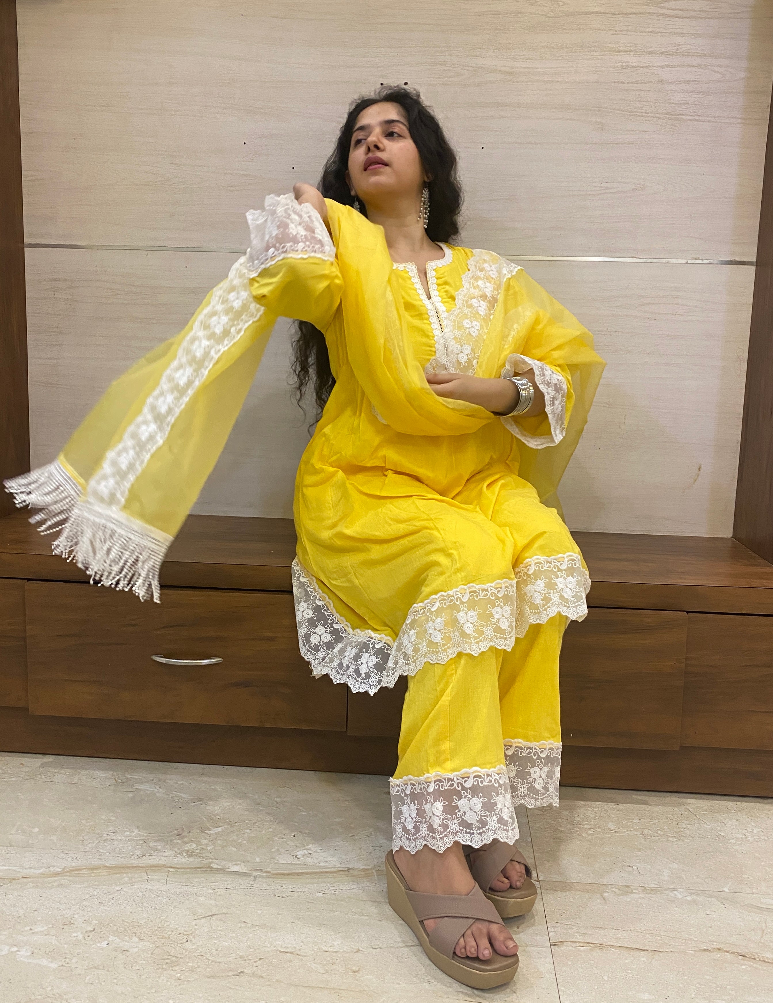 Sunshine Yellow Cottan A-Line Short Kurta Set
