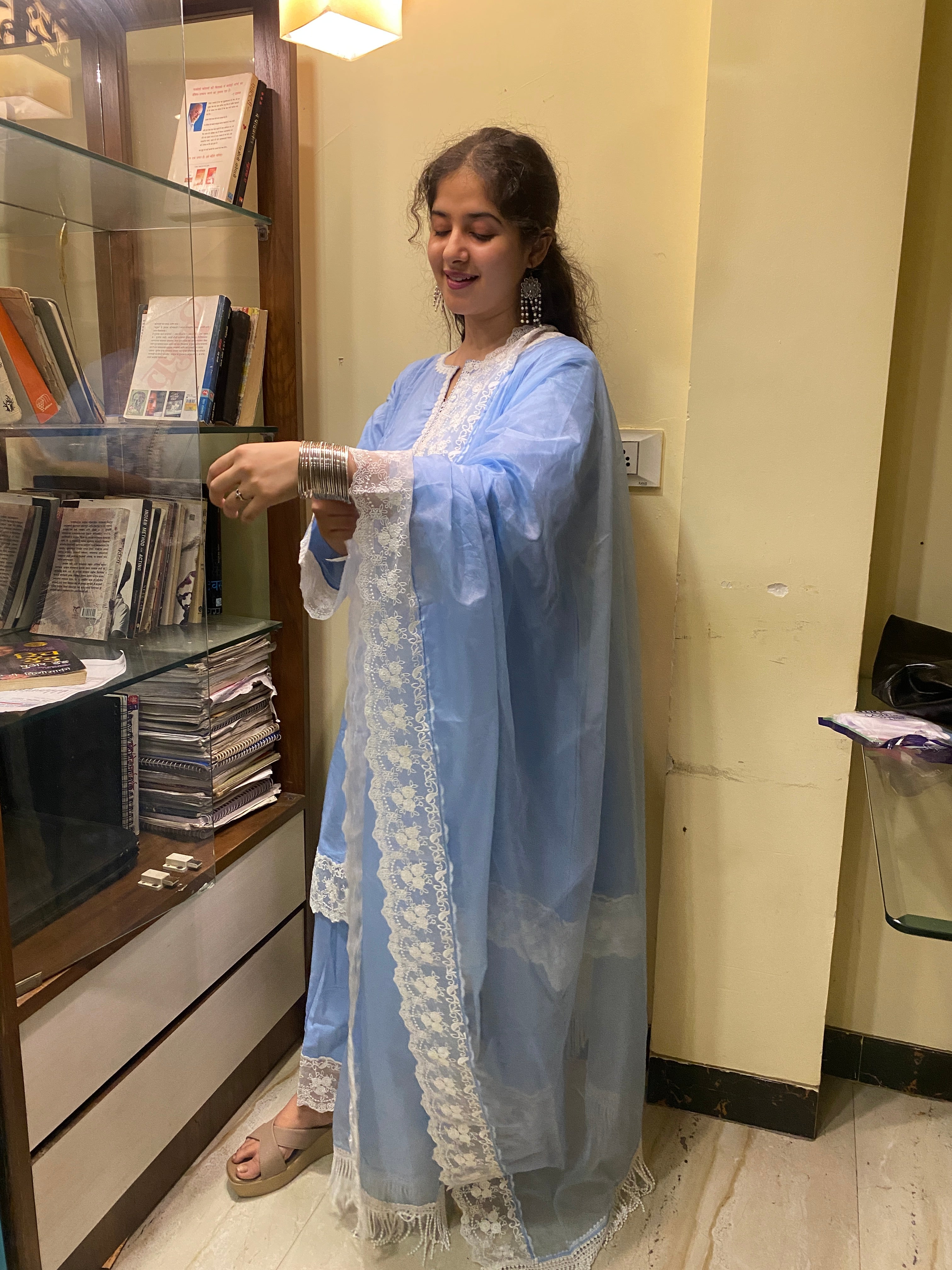 Powder Blue Cottan A-Line Short Kurta Set