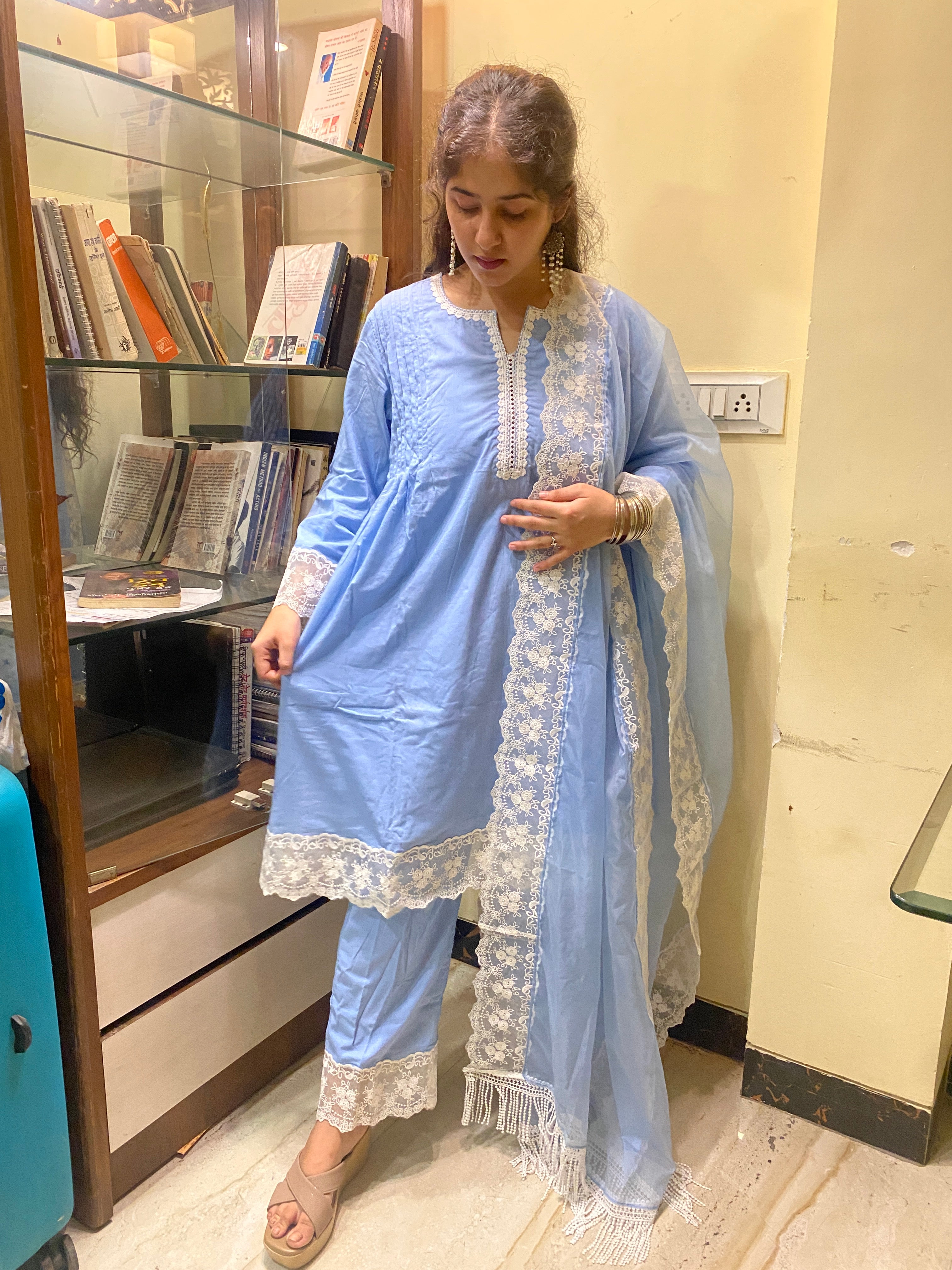 Powder Blue Cottan A-Line Short Kurta Set