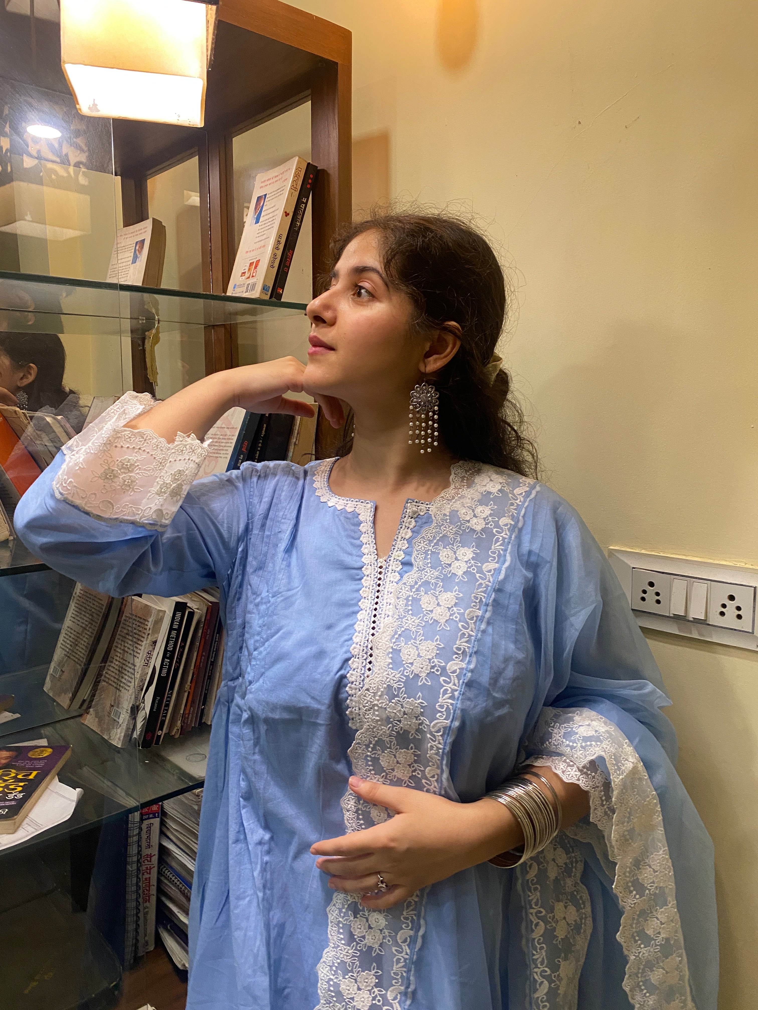 Powder Blue Cottan A-Line Short Kurta Set