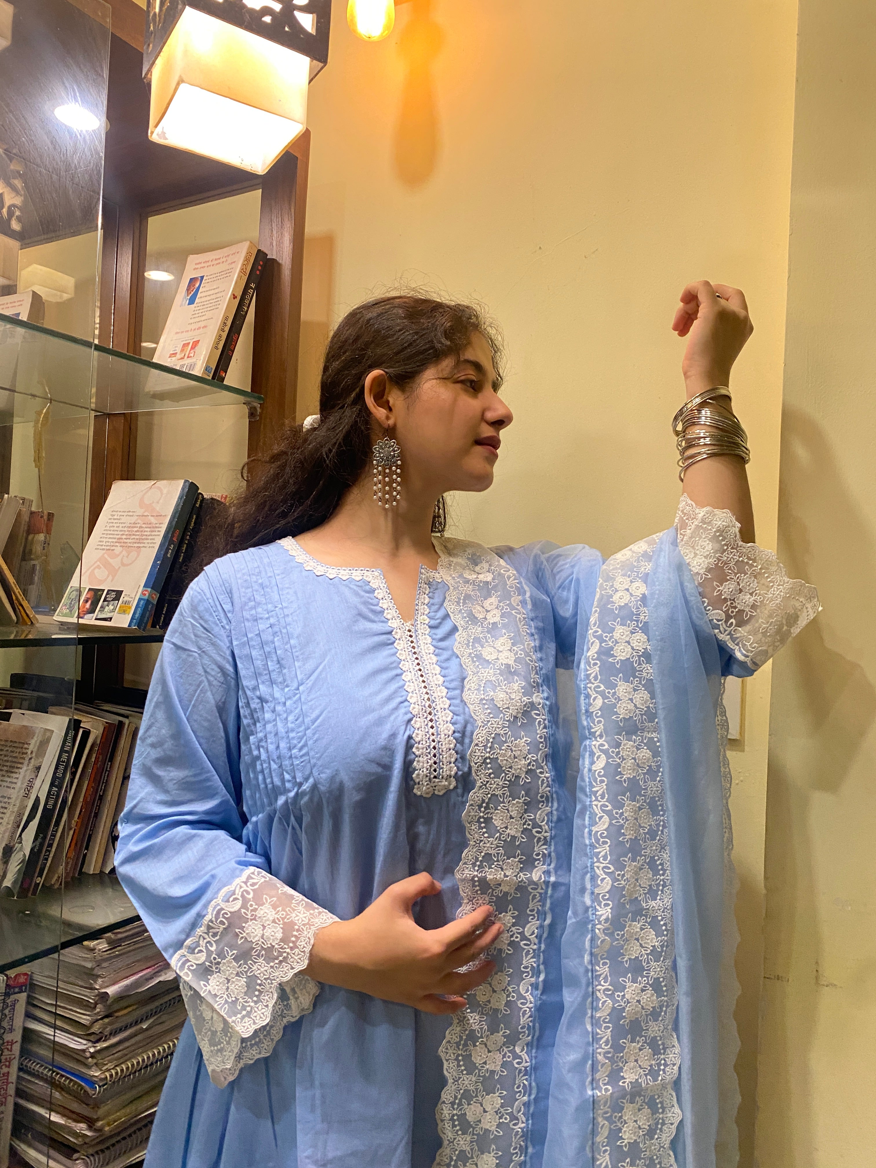 Powder Blue Cottan A-Line Short Kurta Set