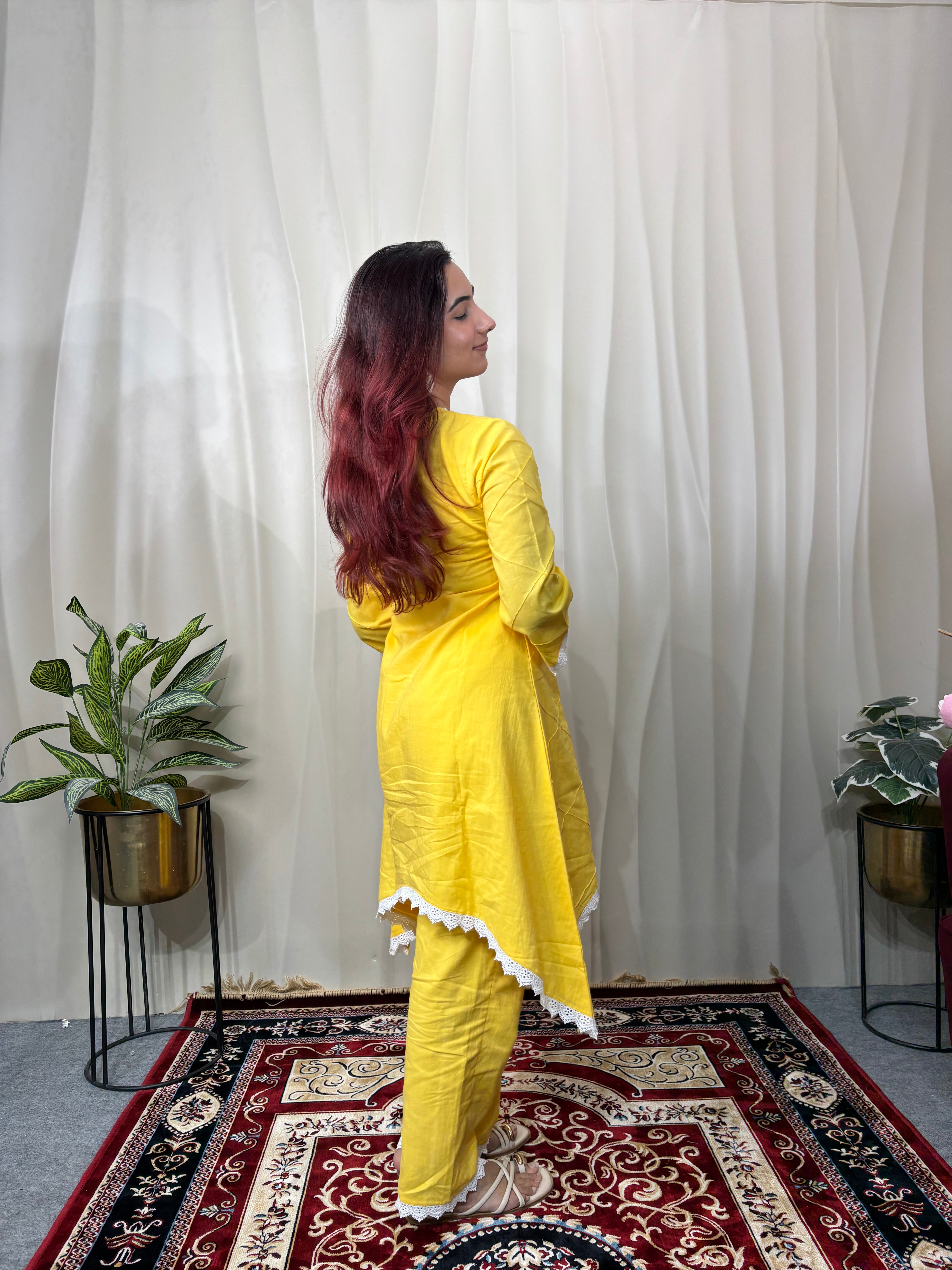 Sunshine Yellow Cottan Co-ord With Lace