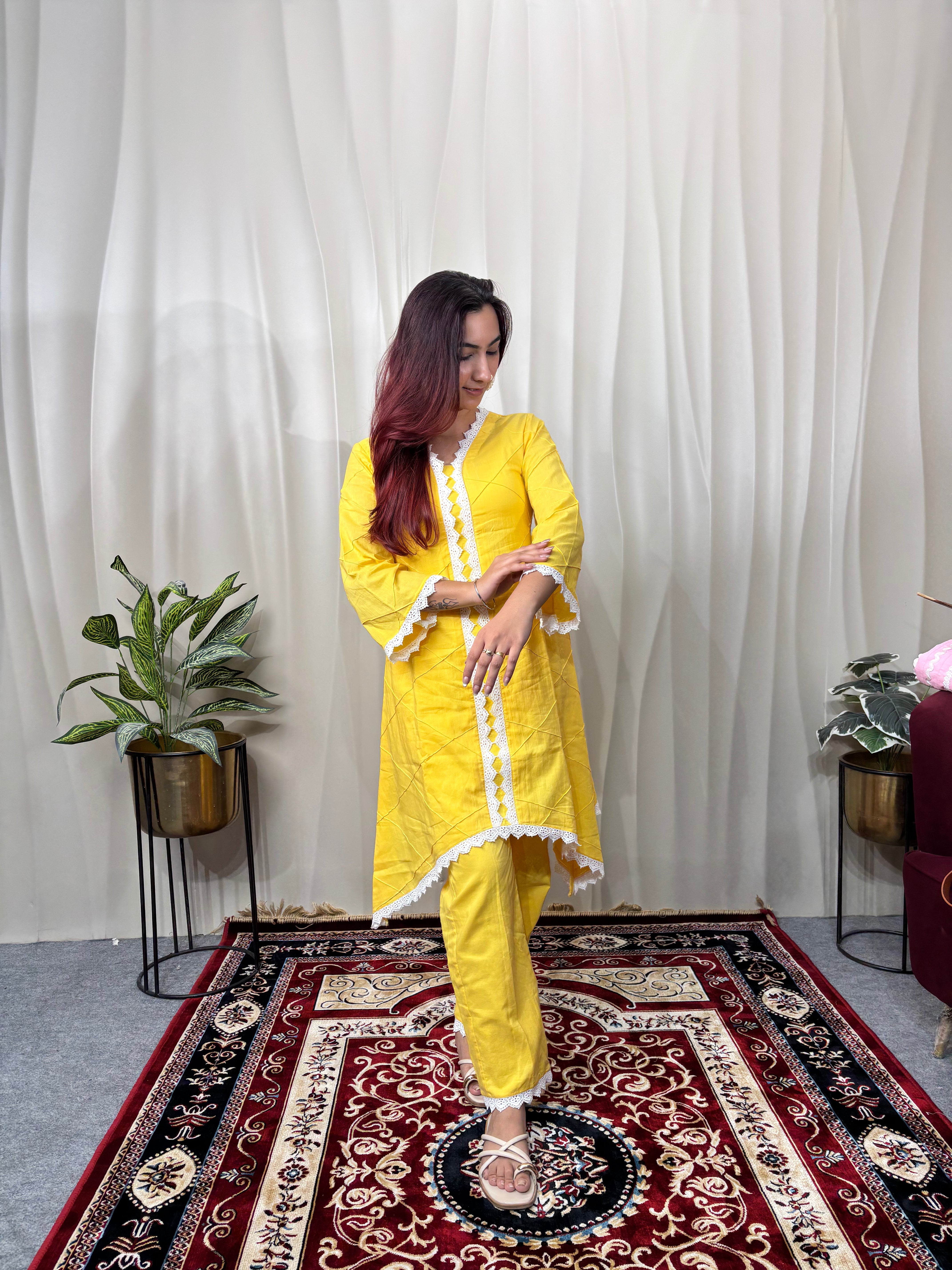 Sunshine Yellow Cottan Co-ord With Lace