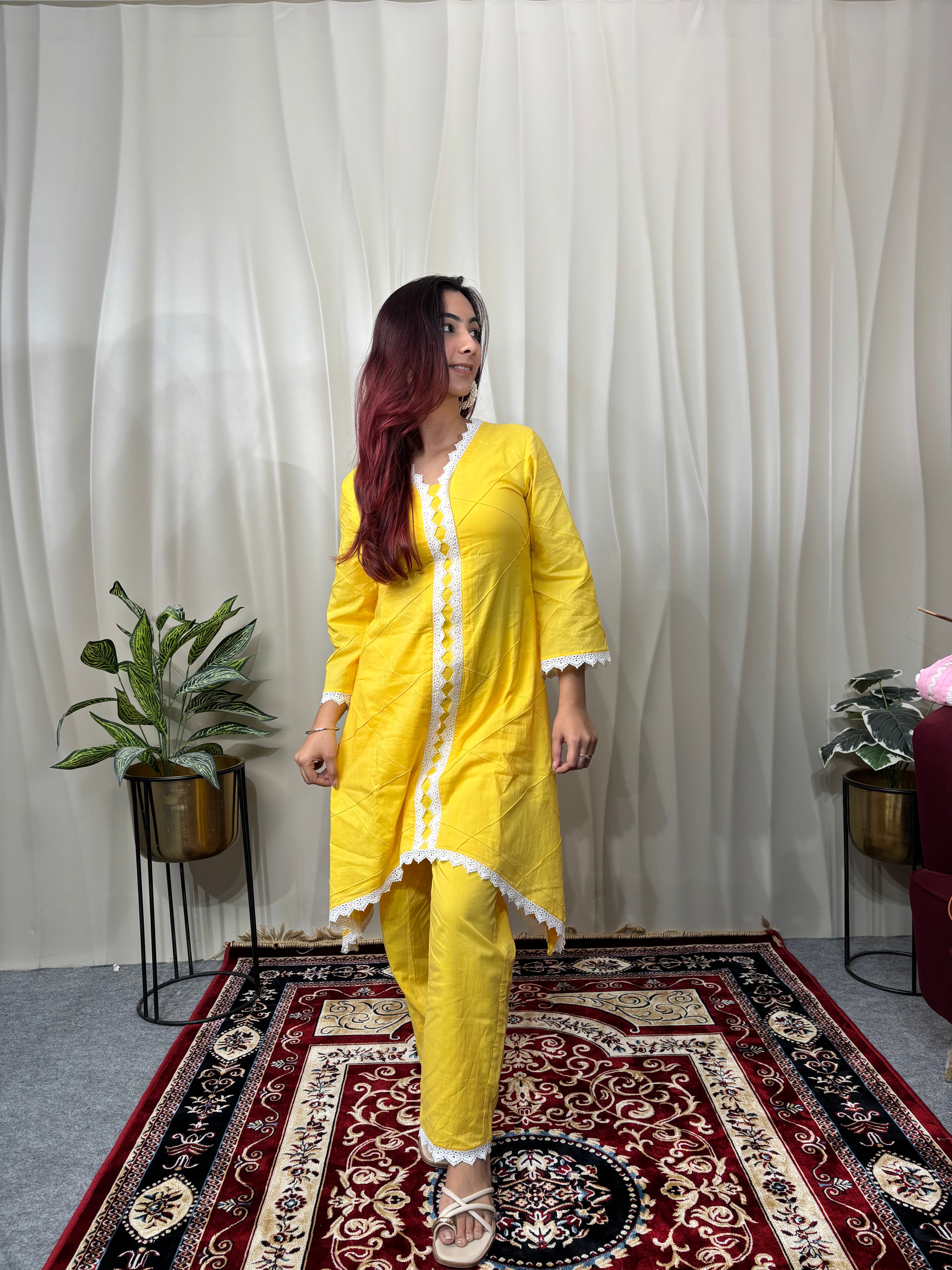 Sunshine Yellow Cottan Co-ord With Lace