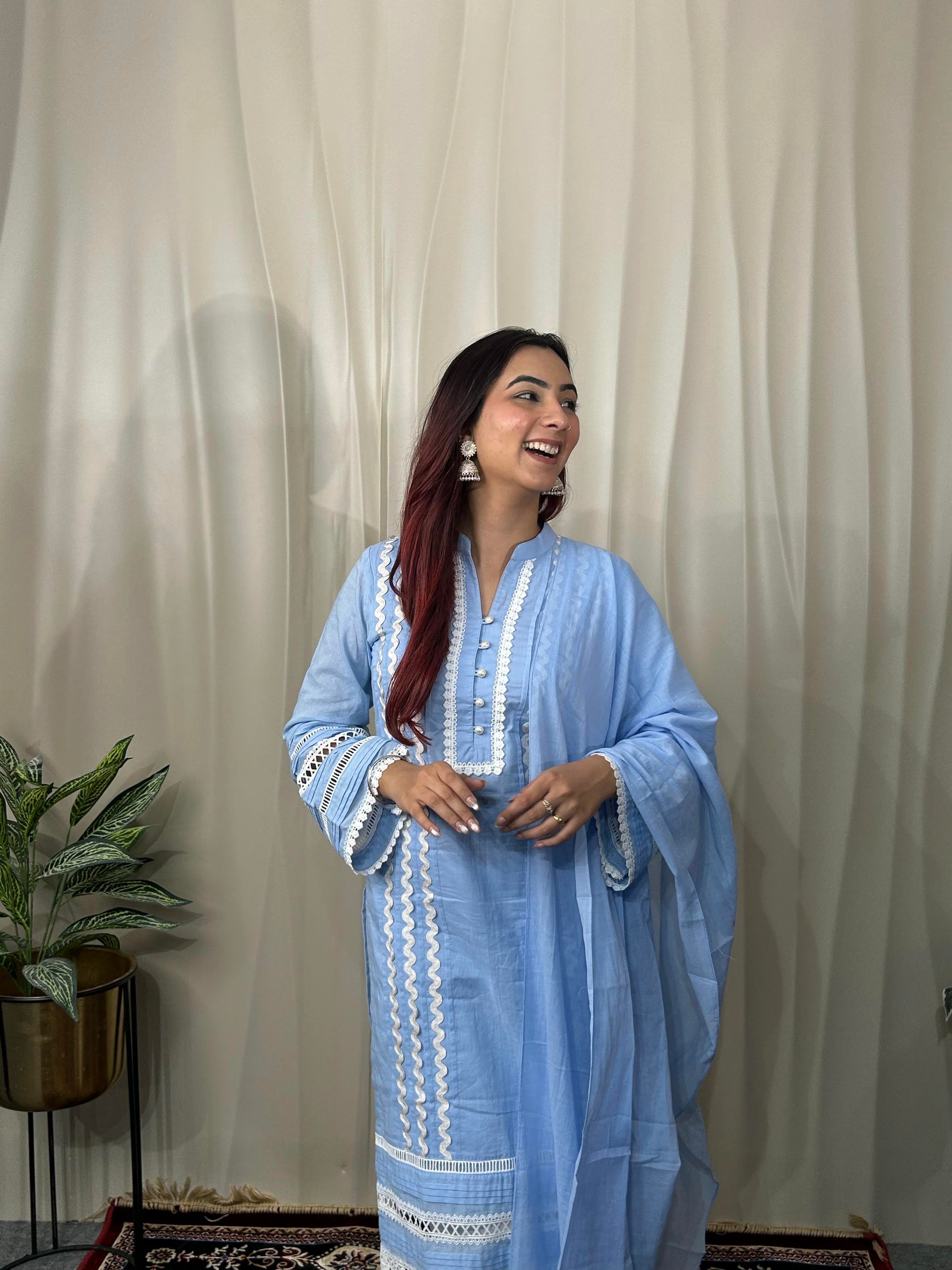 Powder Blue Cottan Straight Kurta Set