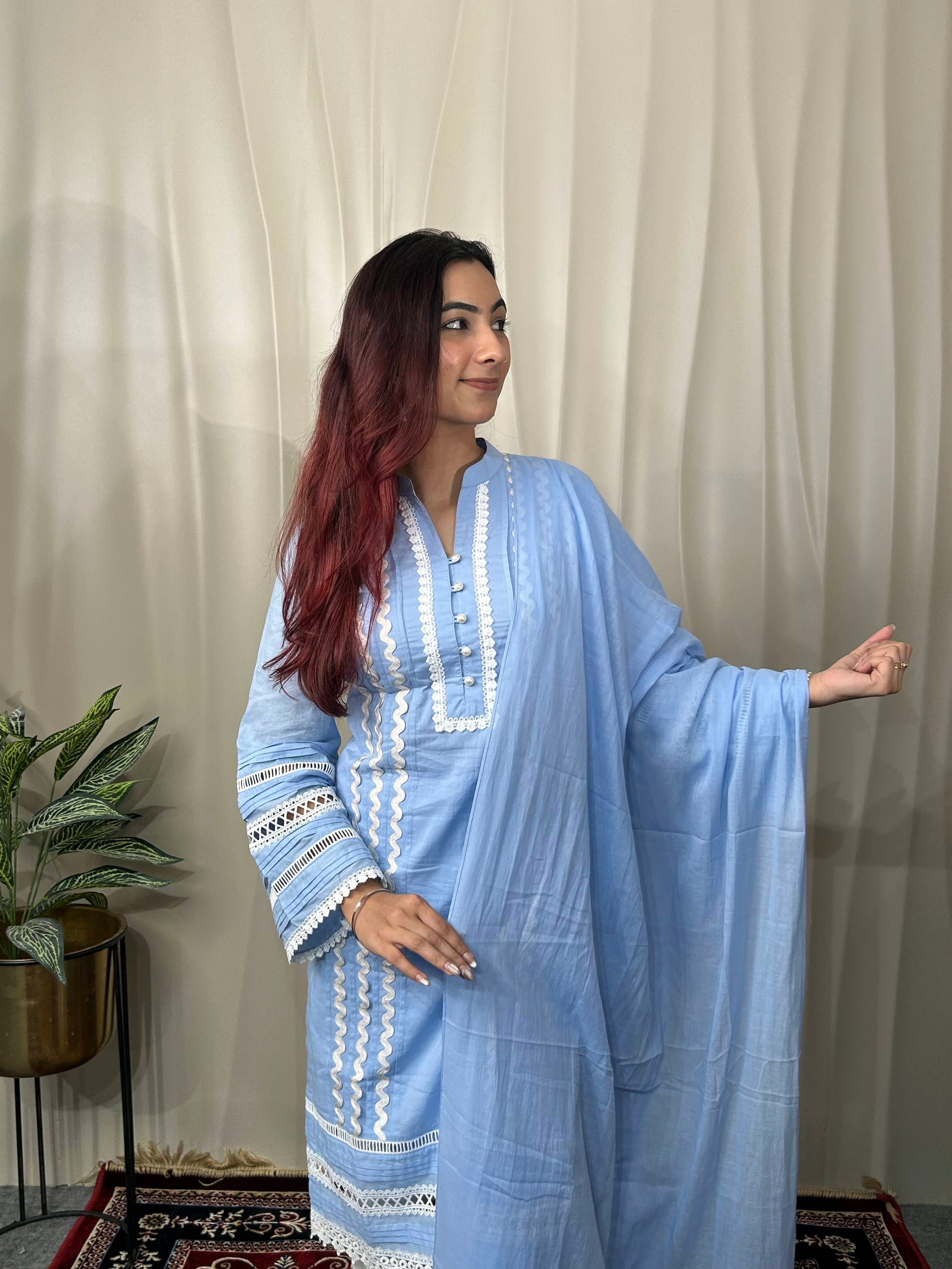 Powder Blue Cottan Straight Kurta Set
