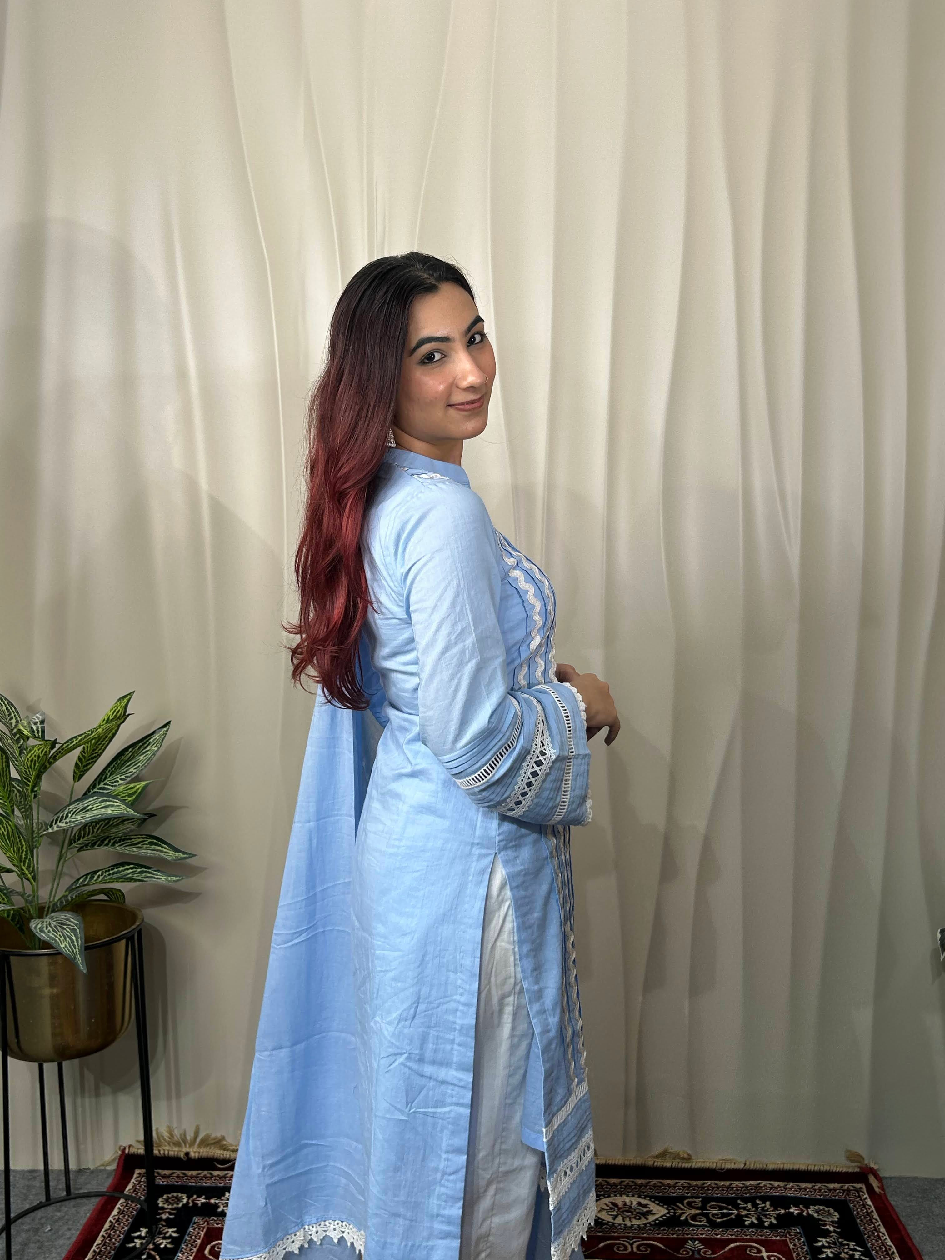 Powder Blue Cottan Straight Kurta Set