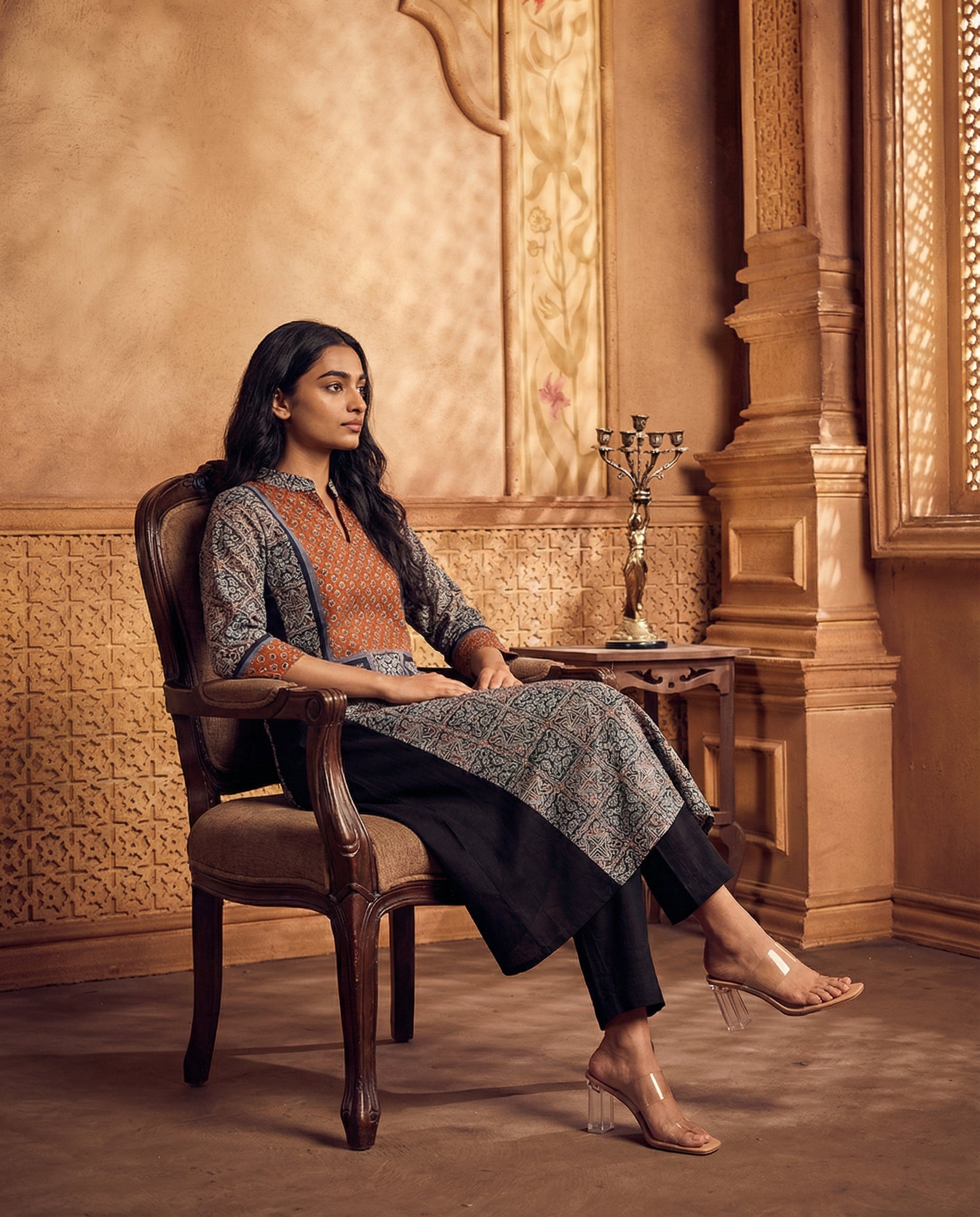 Ajrakh printed yoke A-line kurta set