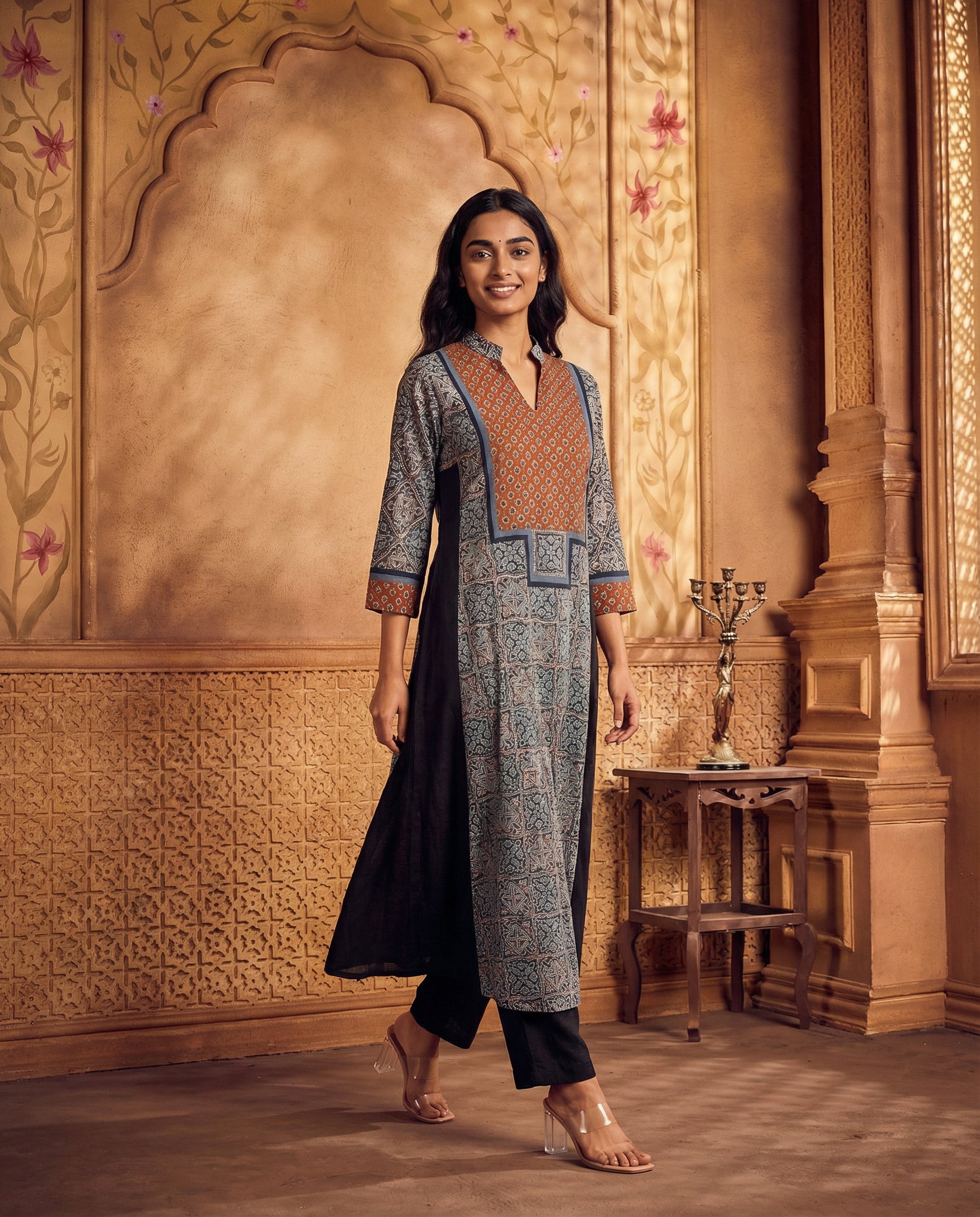 Ajrakh printed yoke A-line kurta set