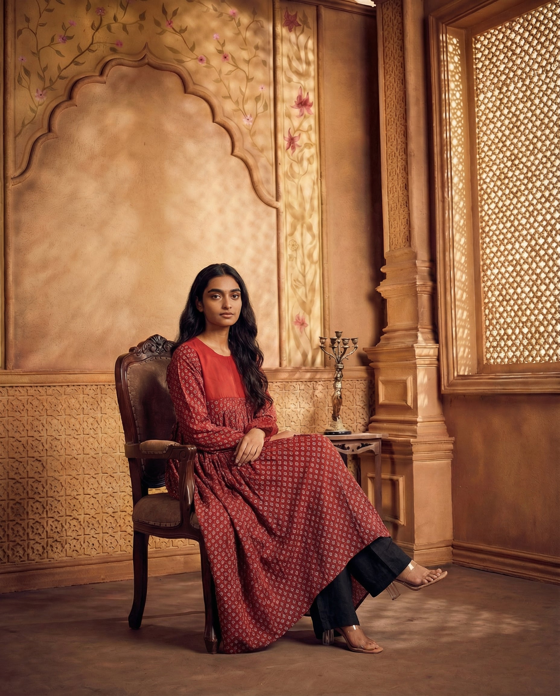 Plain yoke pleated kurta set