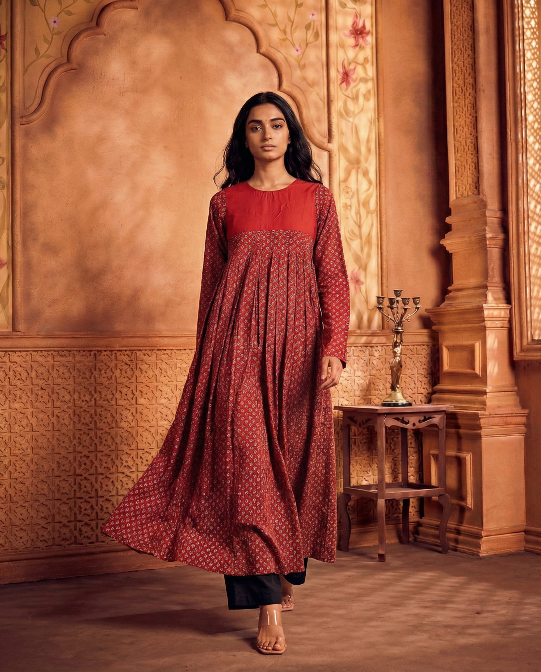 Plain yoke pleated kurta set