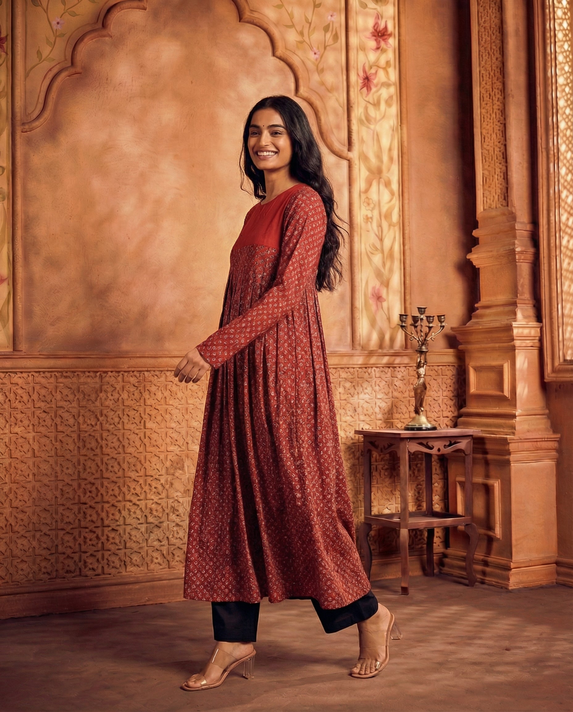 Plain yoke pleated kurta set