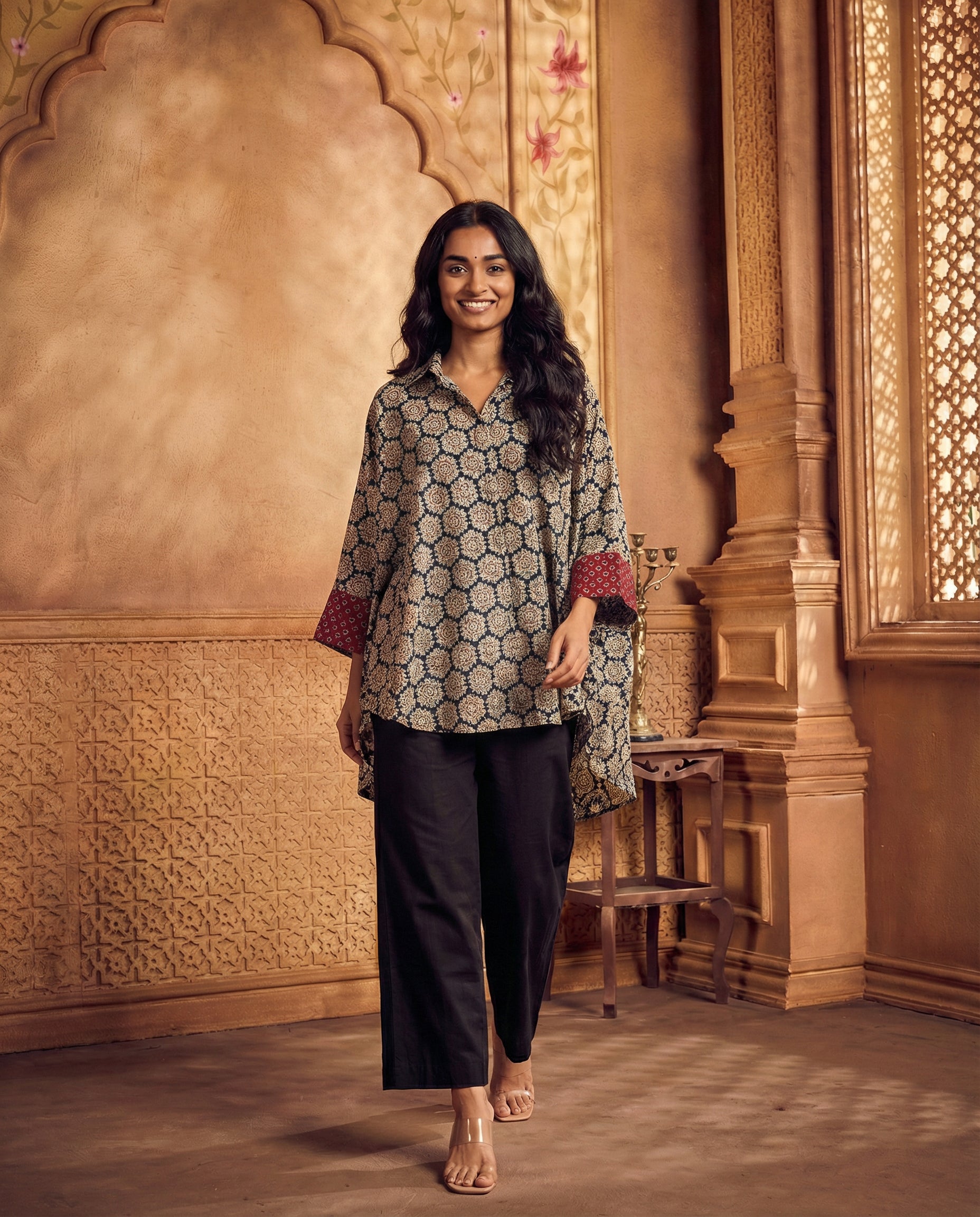 Ajrakh printed asymmetric shirt set