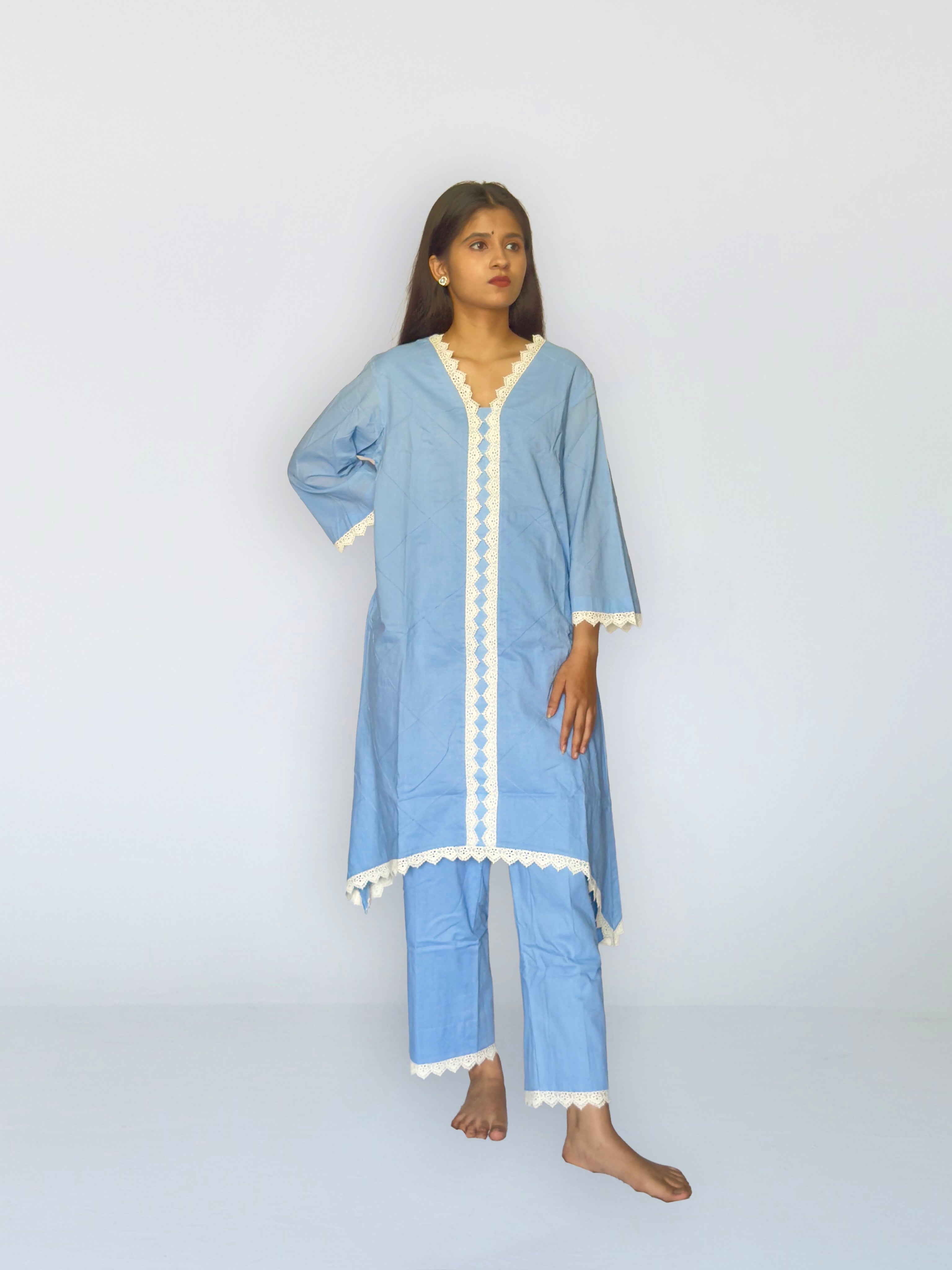 Powder Blue Cottan Co-ord With Lace