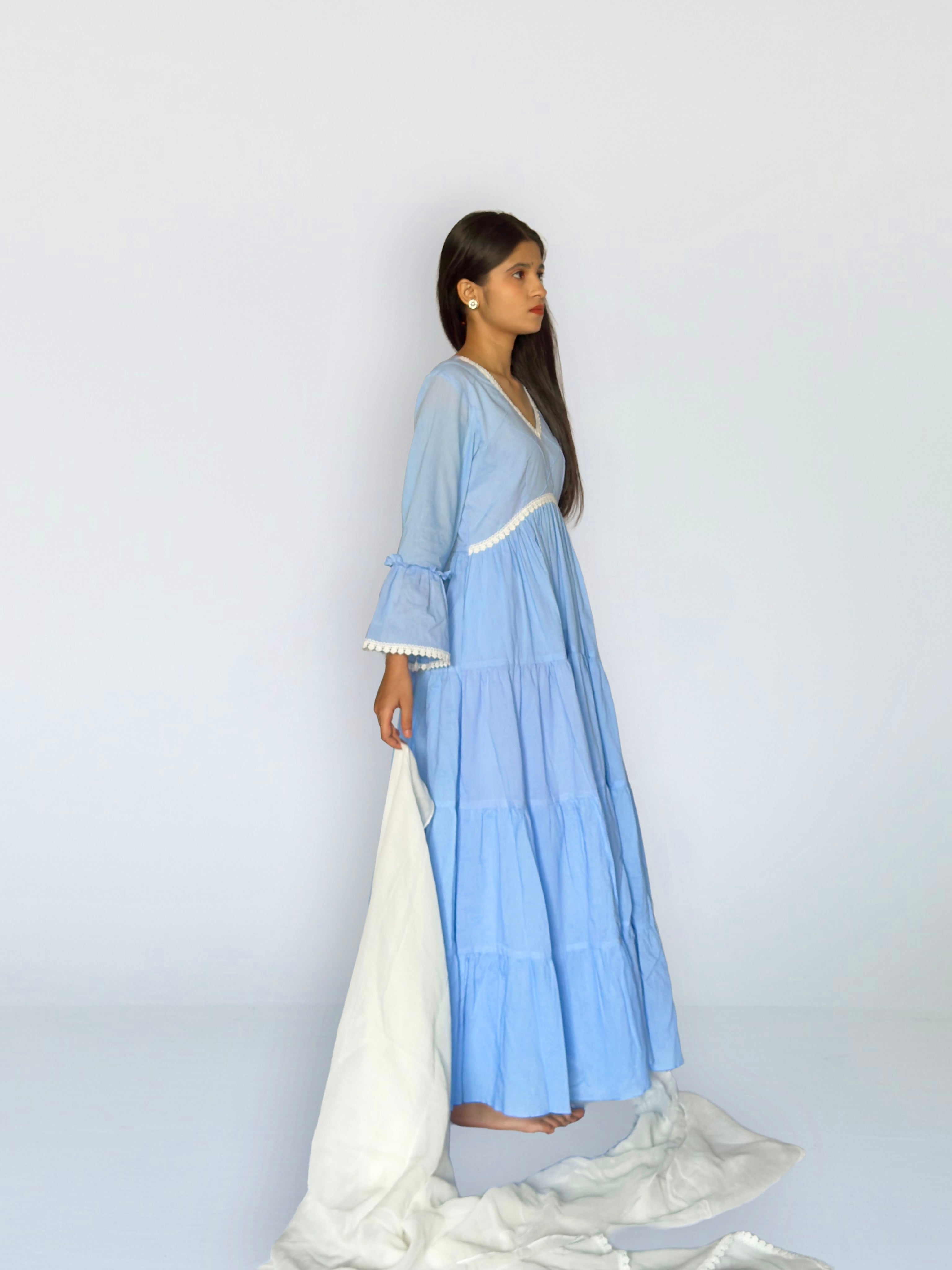 Powder Blue Cottan Tiered Anarkali Set
