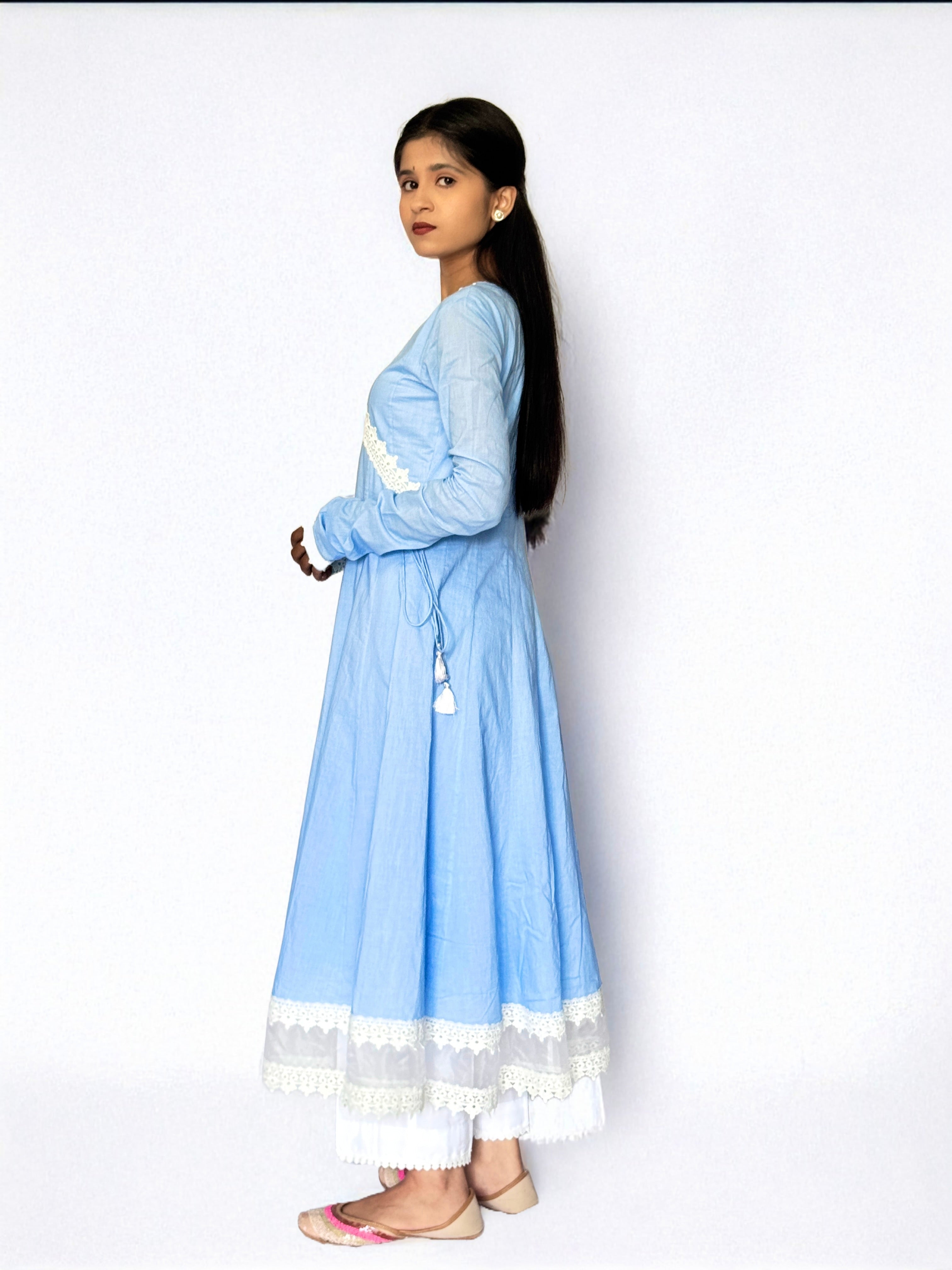 Powder Blue Cottan Angrakha Anarkali Kurta Set