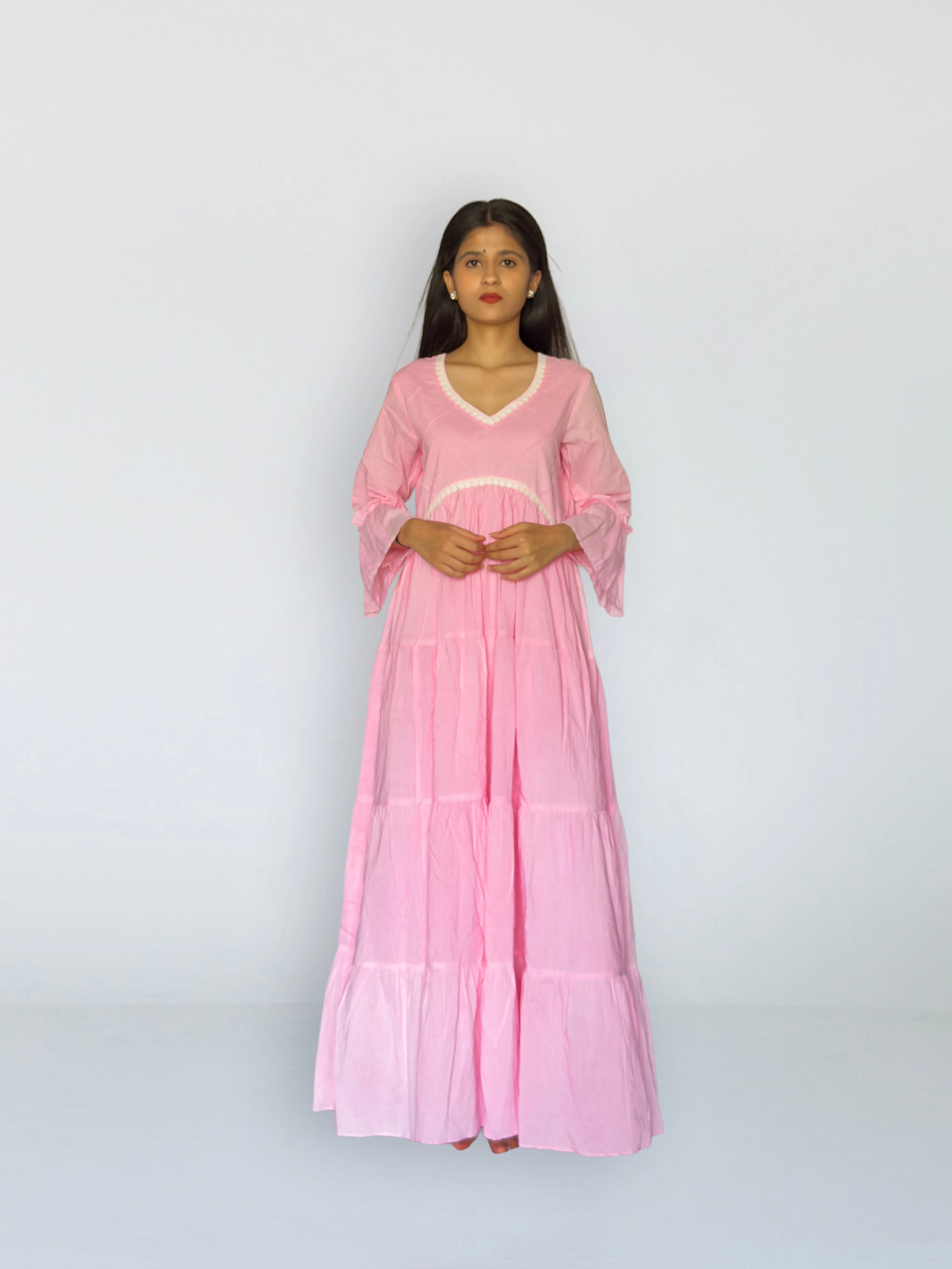 Pink Cottan Tiered Anarkali Set