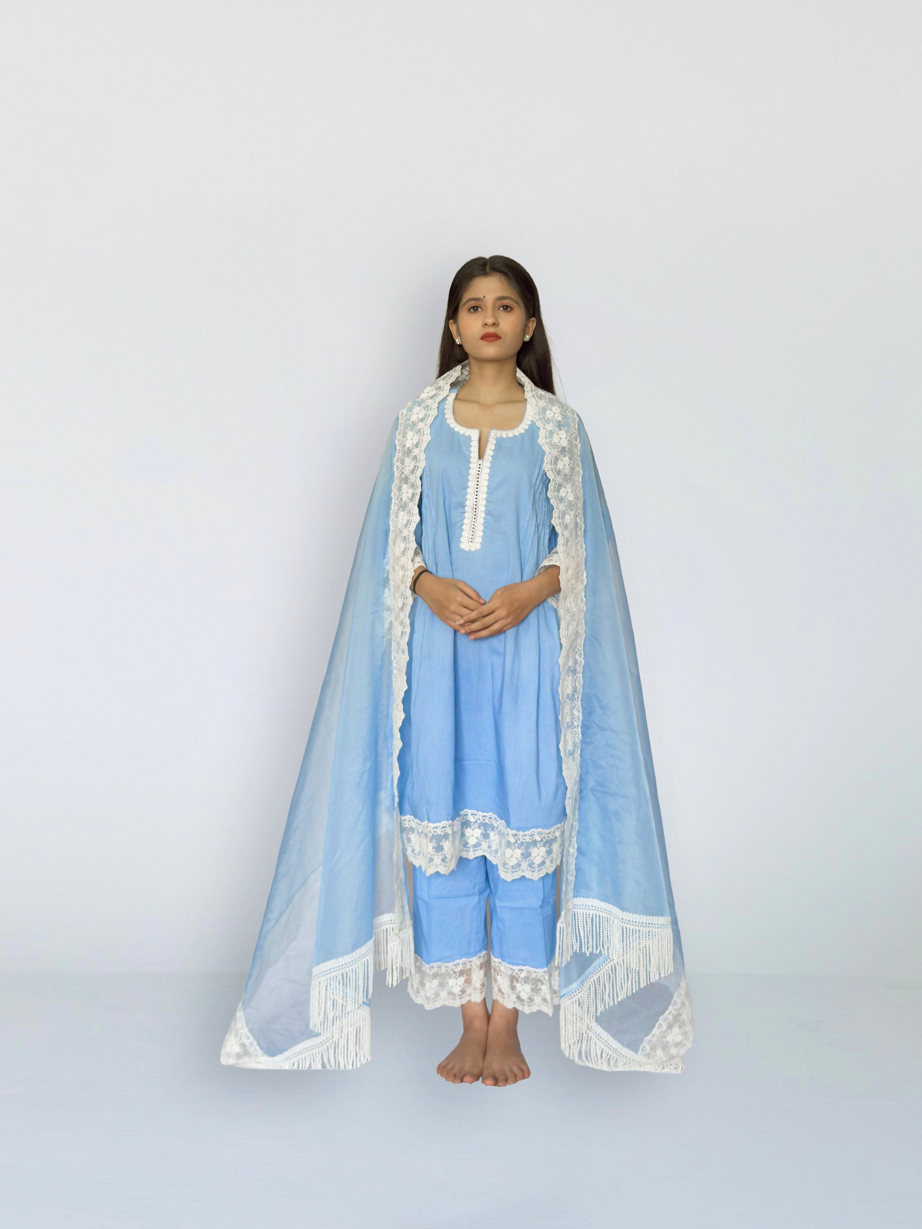 Powder Blue Cottan A-Line Short Kurta Set
